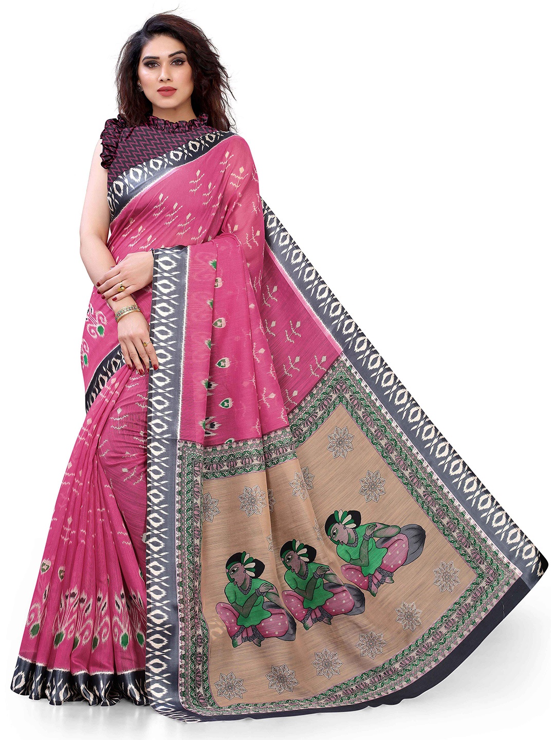 KALINI Women Pink & Beige Ethic Print Ikat Saree With Unstitched Blouse