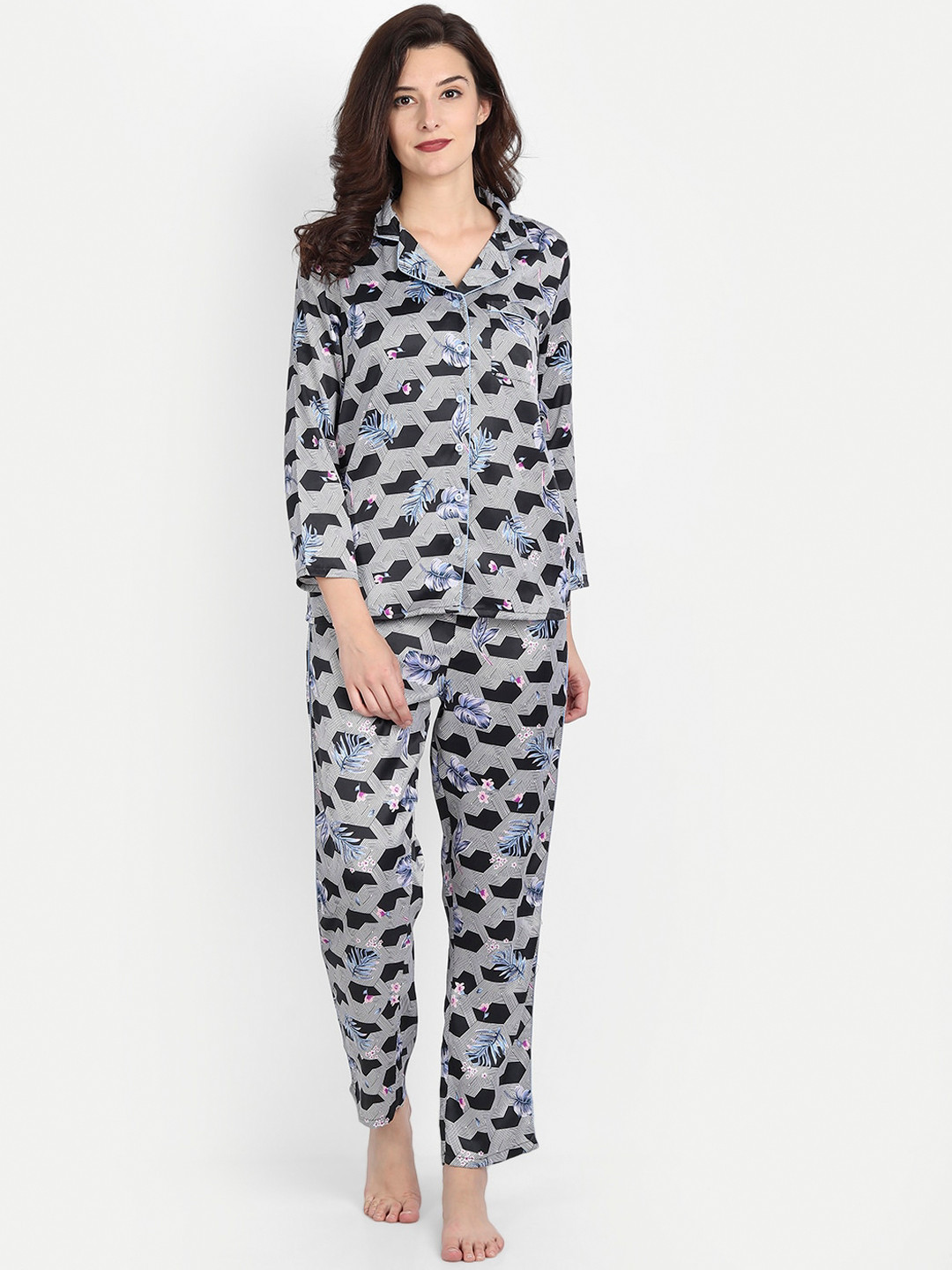 

IX IMPRESSION Women Black & White Printed Night suit