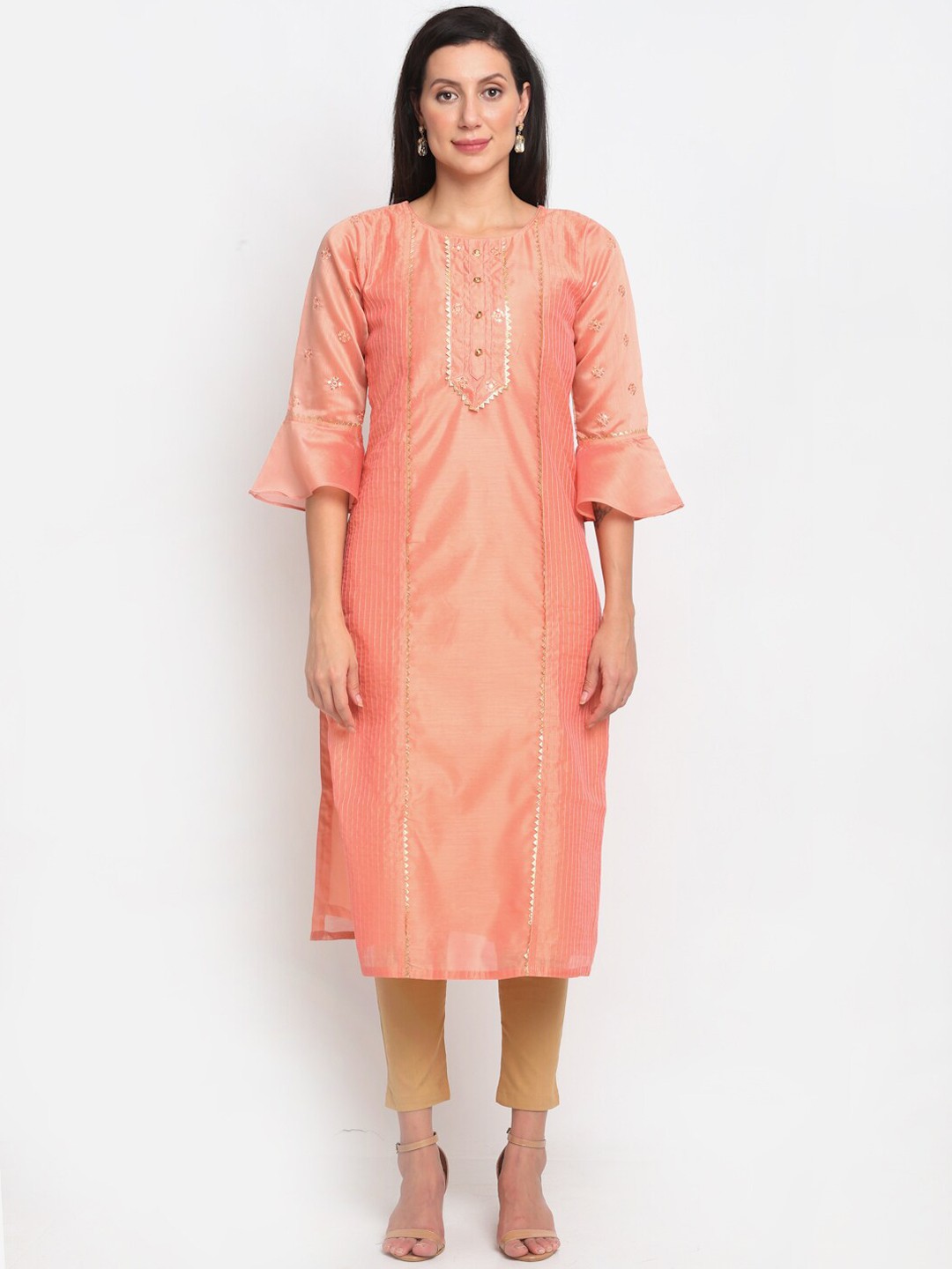 

Lovely Lady Women Peach-Coloured Flared Sleeves Chanderi Silk Chanderi Silk Kurta