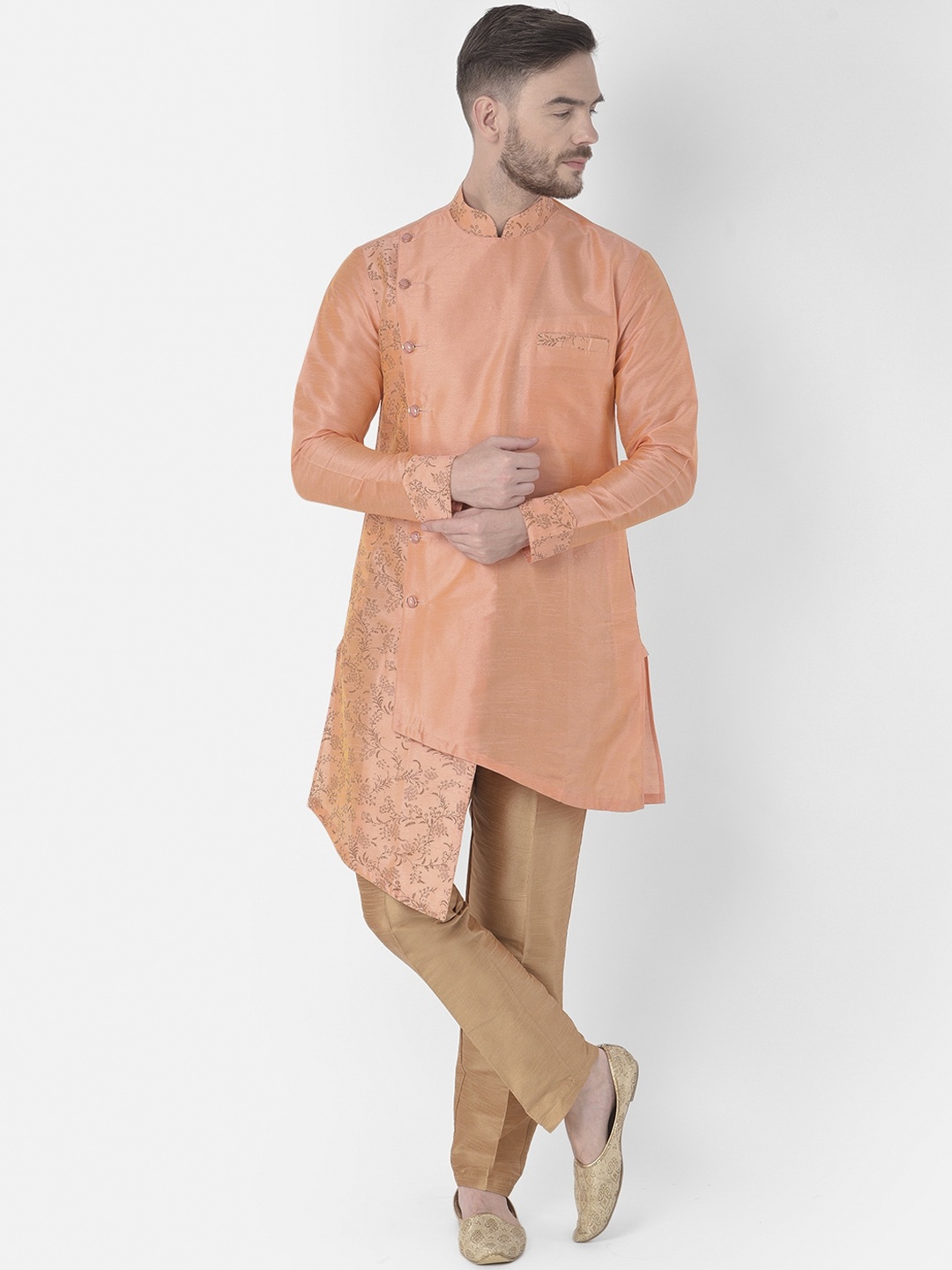 SG LEMAN Men Peach-Coloured & Brown Floral Printed Angrakha Raw Silk Kurta with Trousers