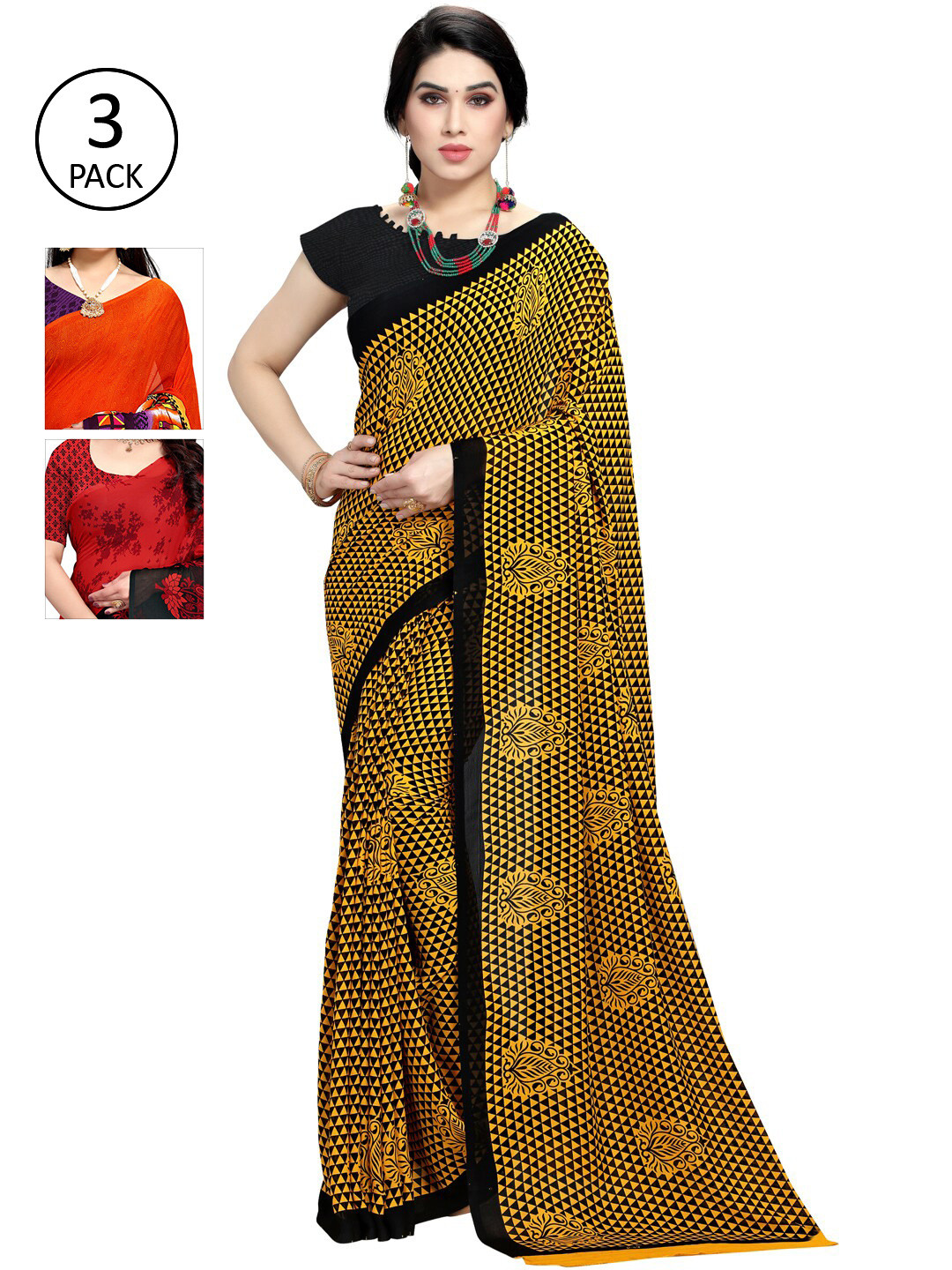 

KALINI Multicoloured Set of 3 Poly Georgette Saree, Multi