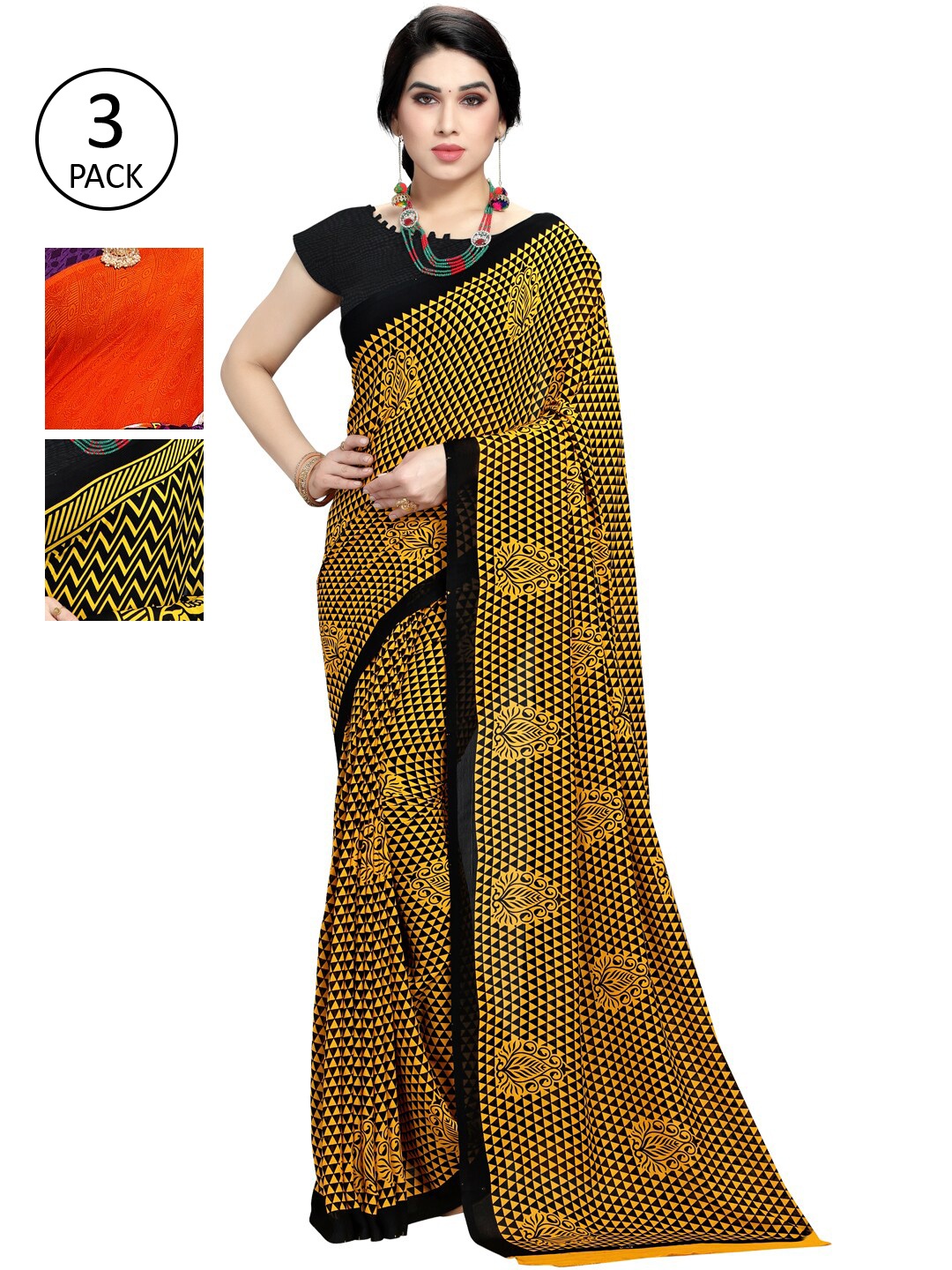 

KALINI Multicoloured Set of 3 Poly Georgette Saree, Multi