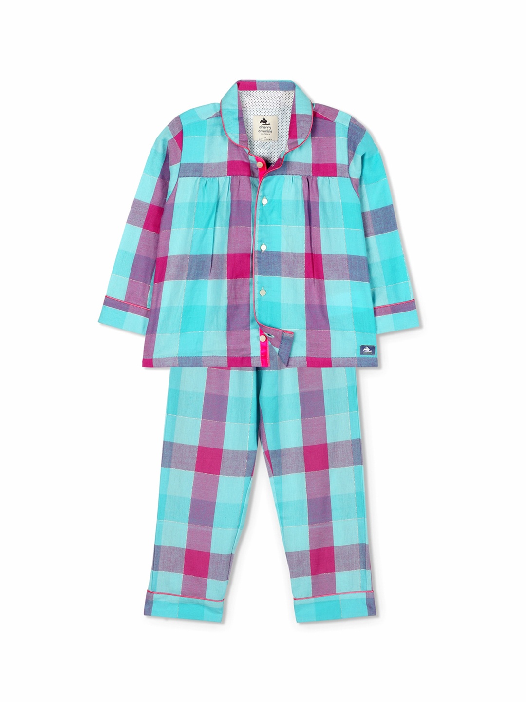 

Cherry Crumble Unisex Kids Turquoise Blue & Pink Checked Night suit