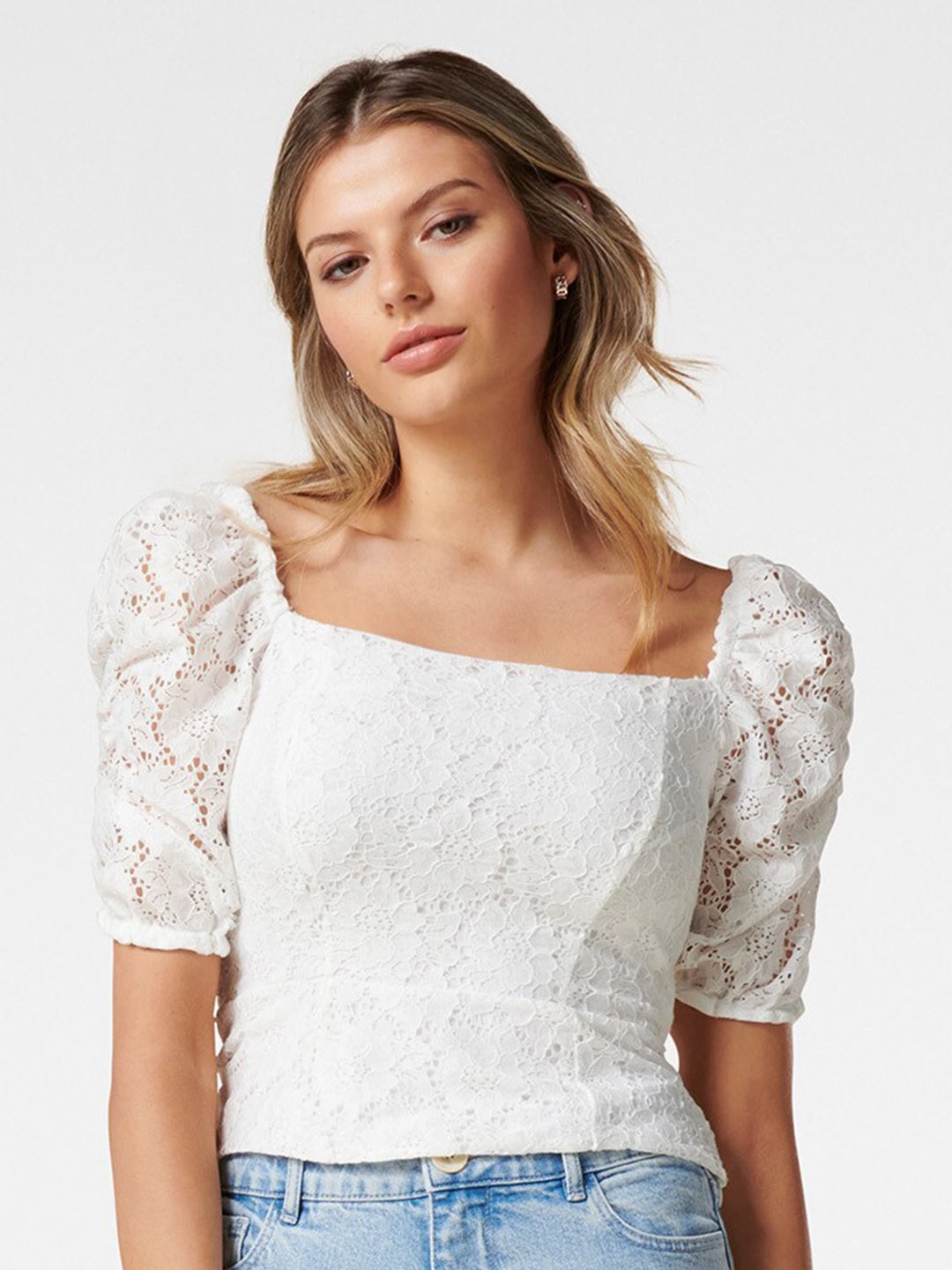 

Forever New White Puff Sleeve Lace Top