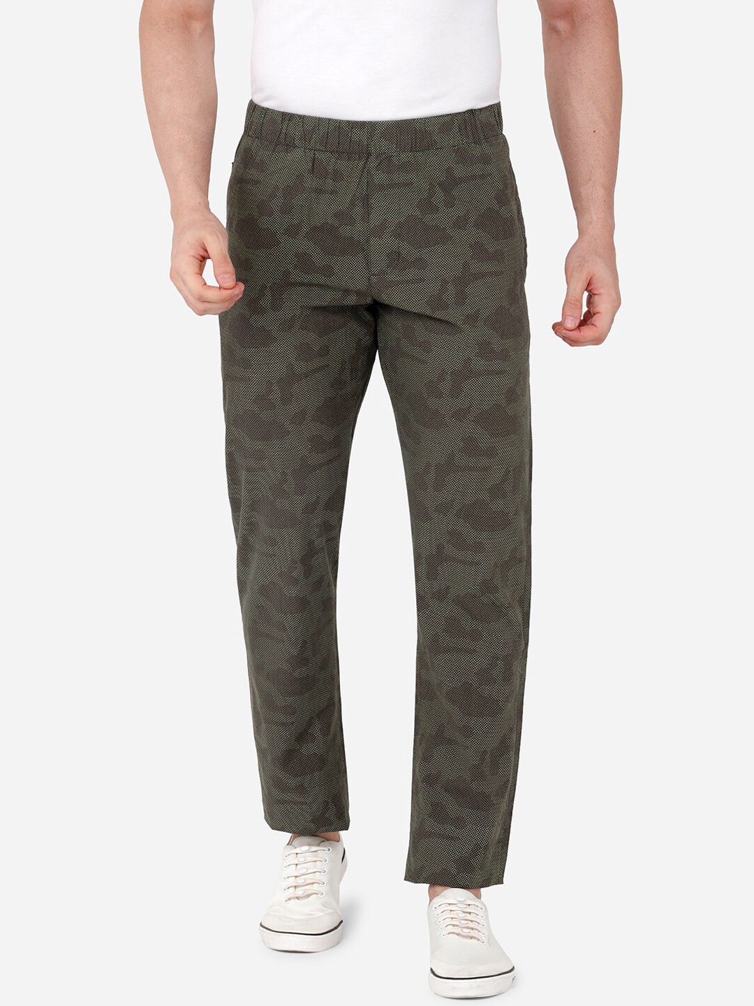 

beevee Men Olive Green & Sea Green Printed Straight-Fit Pure Cotton Track Pants