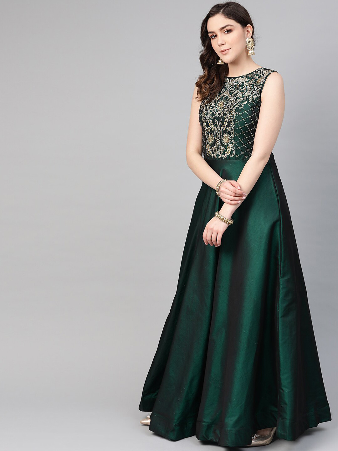 

Chhabra 555 Green Satin Maxi Dress