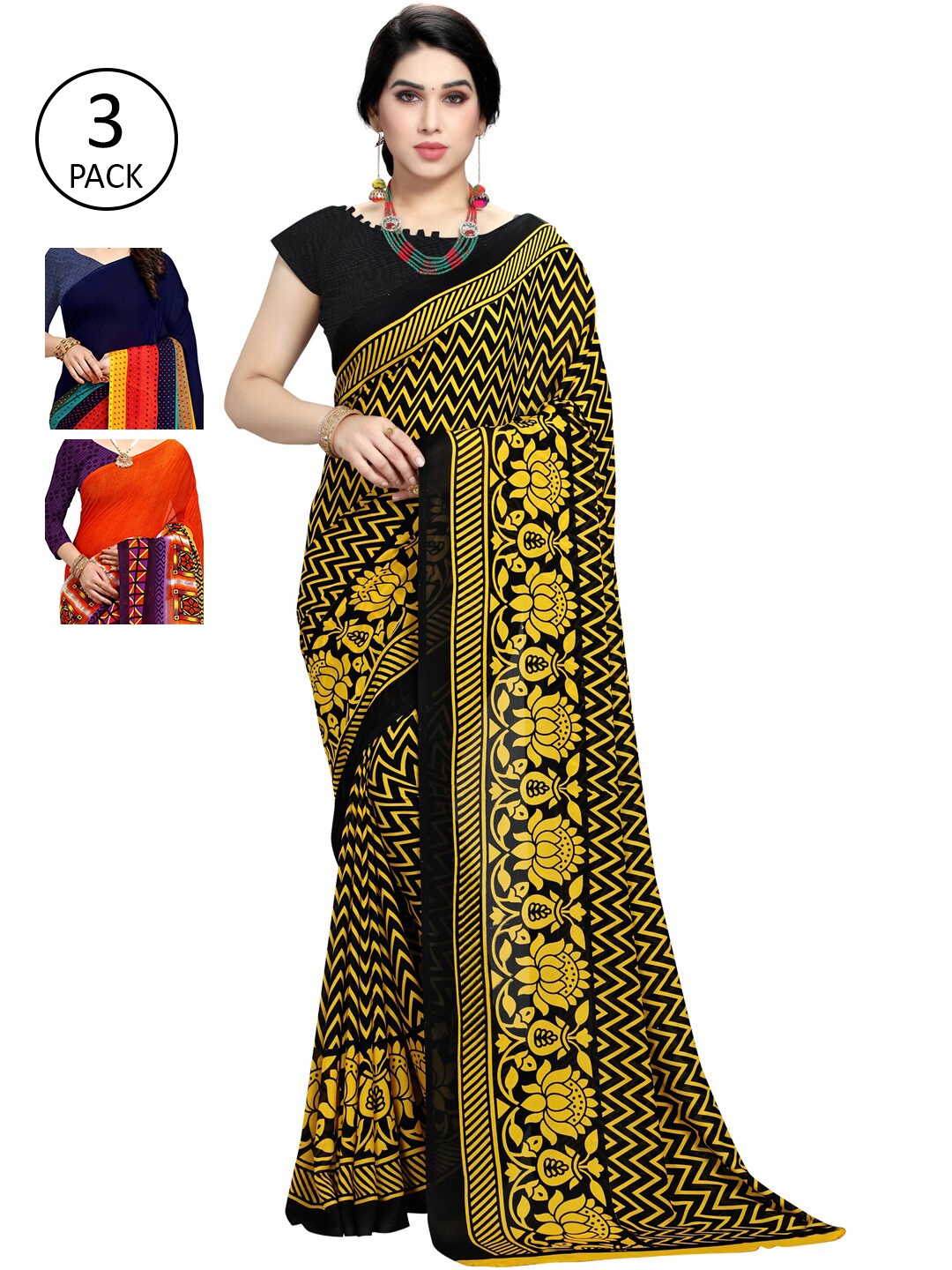

KALINI Pack of 3 Orange & Blue Saree