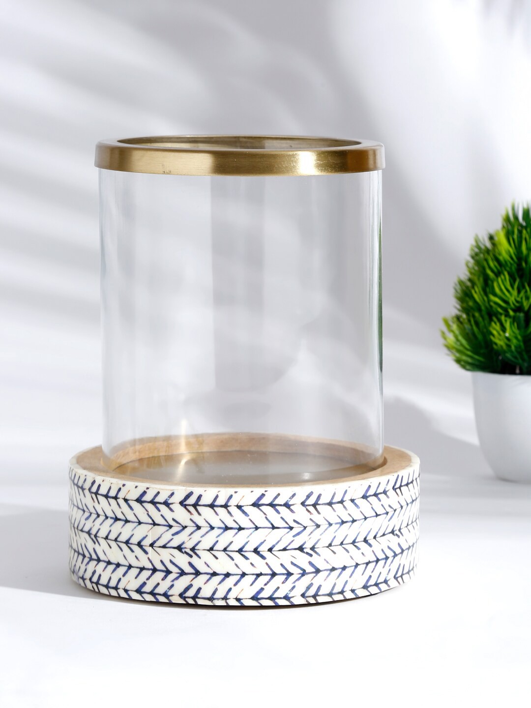 

Fabindia Blue & Transparent Pillar Wood Bone Glass Ajinkya Hurricane Candle Holder