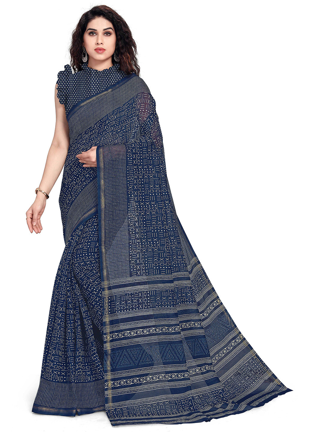 

KALINI Navy Blue & Grey Geometric Print Poly cotton Saree