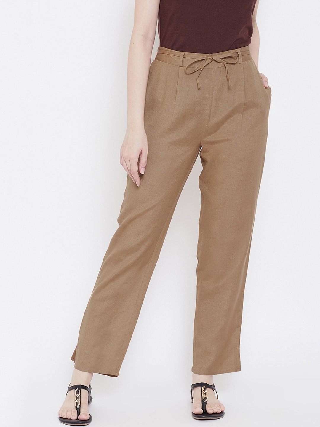 

Be Indi Women Brown Straight Fit Pleated Trousers