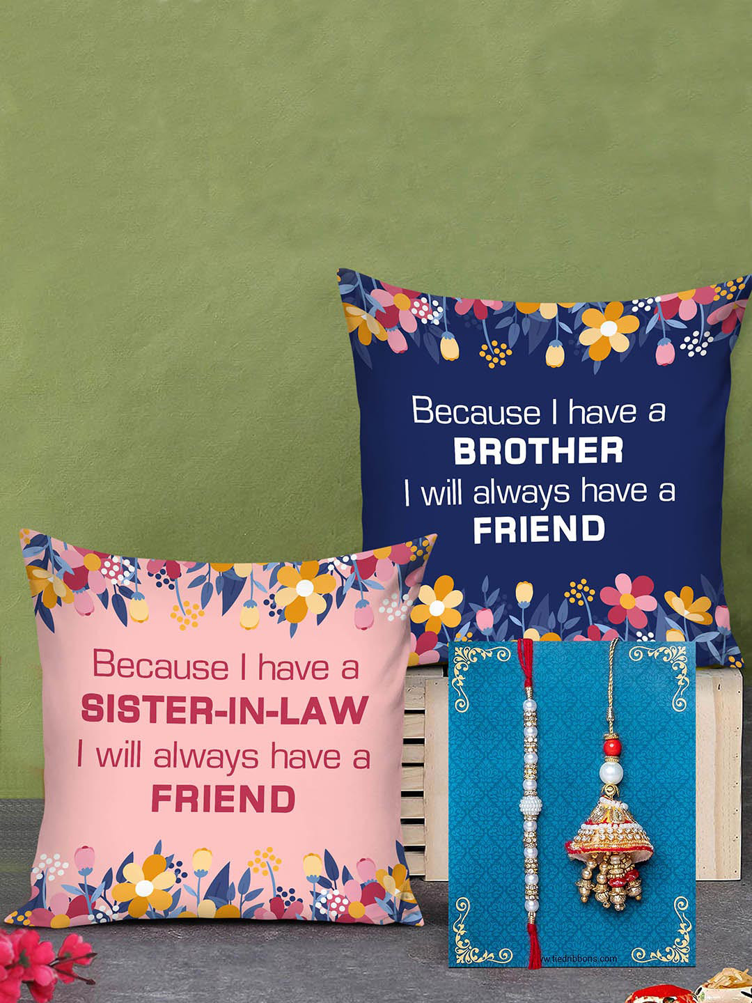 

TIED RIBBONS Set Of 2 Bhaiya Bhabhi Lumba Rakhi with Printed Cushion Combo Gift Set, Pink