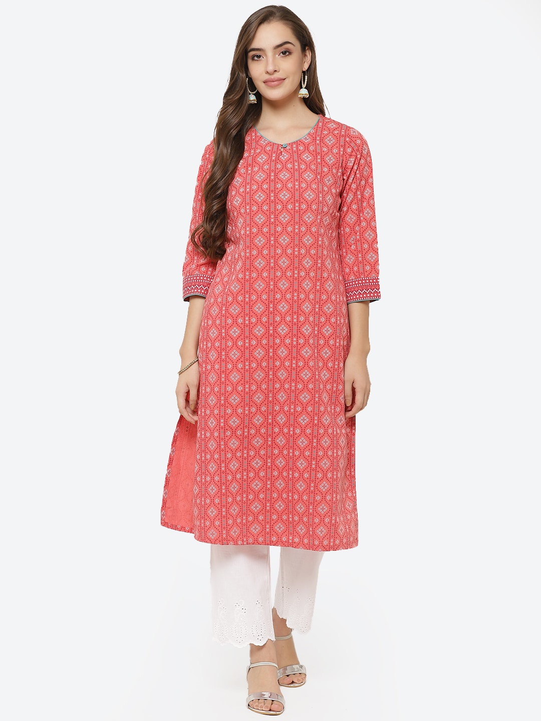 

Rangriti Women Coral Pink & White Geometric Printed Kurta
