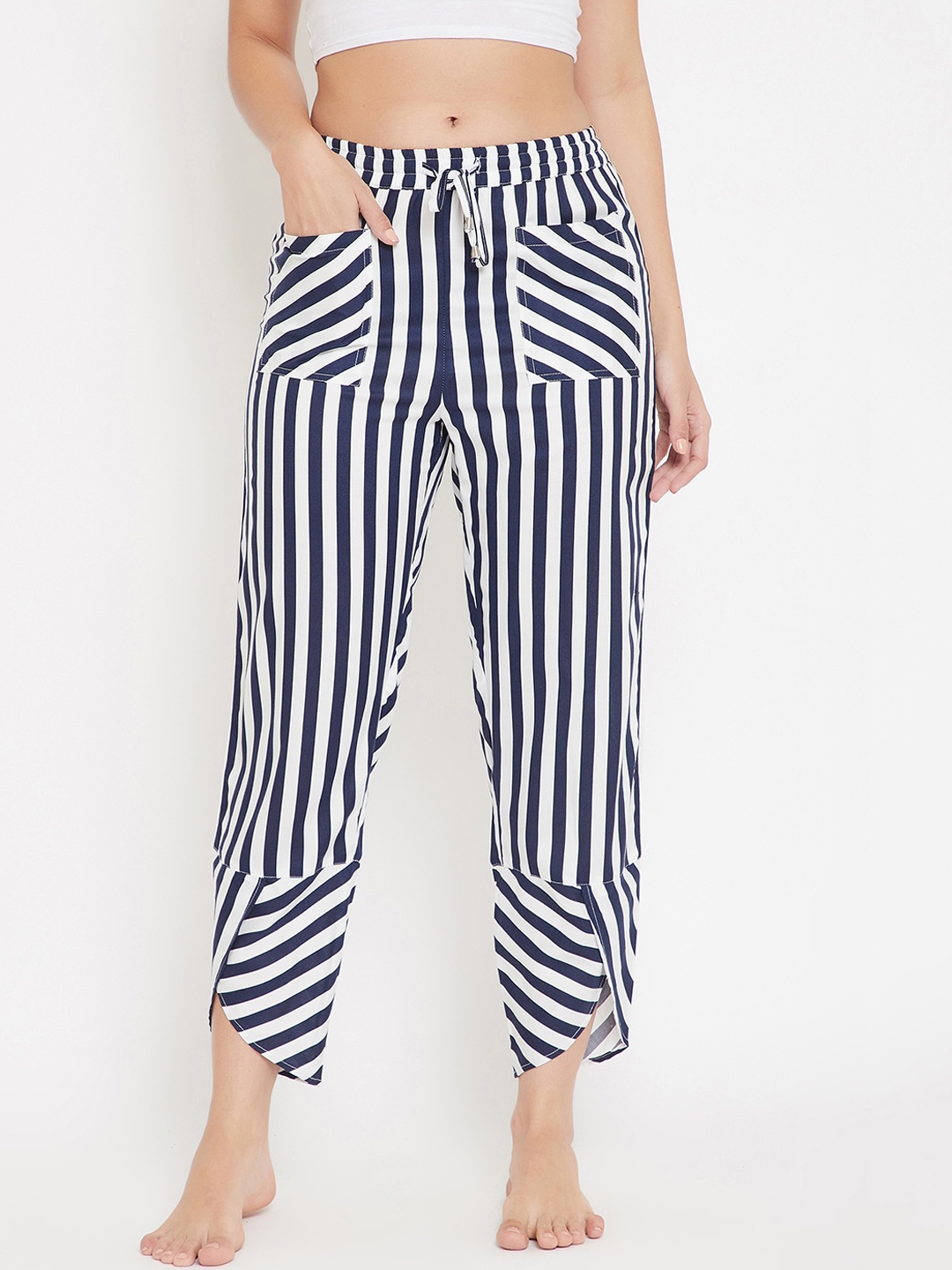 

Hypernation Women White and Navy Blue Geometric Print Rayon Payjama
