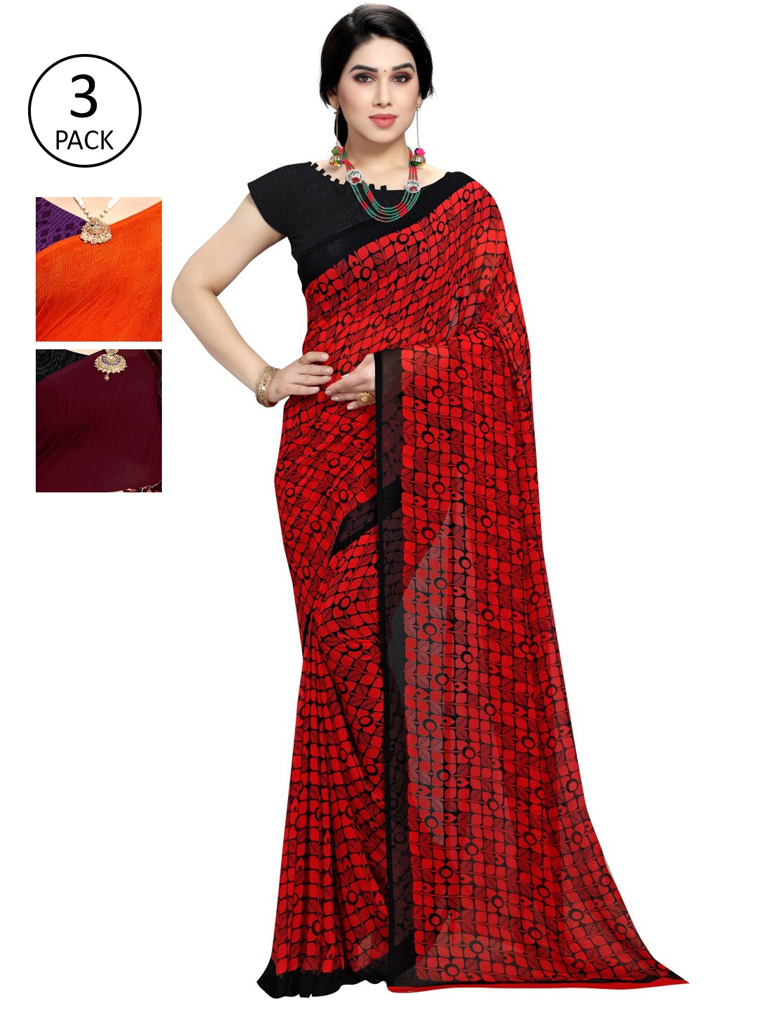 

KALINI Pack of 3 Orange & Maroon Poly Georgette Sarees