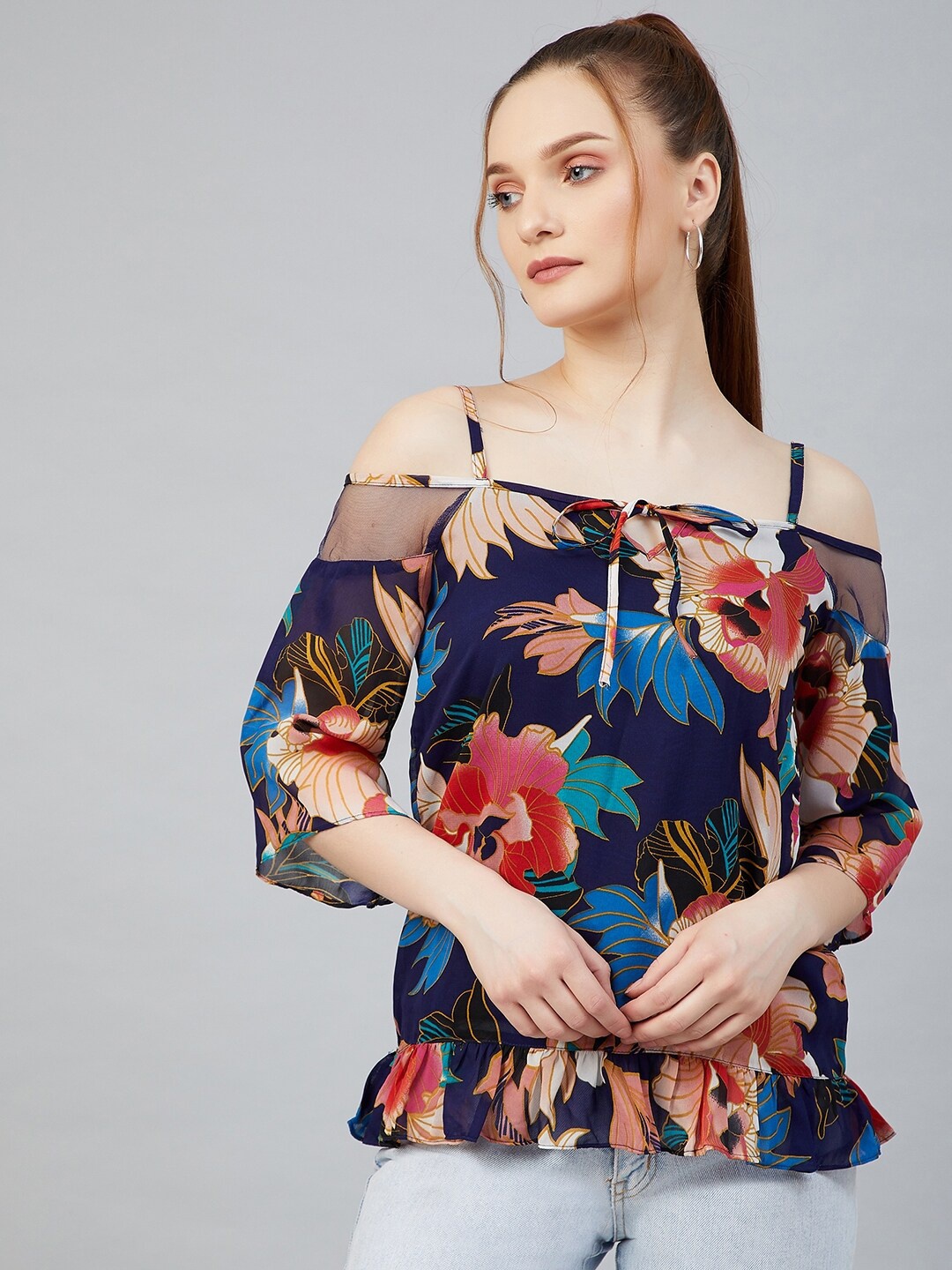 

RARE Navy Blue Floral Printed Cold Shoulder Sleeves Regular Top