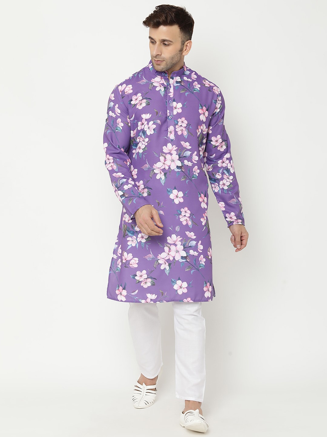 

Hangup Men Purple Floral Printed Kurta with Pyjamas