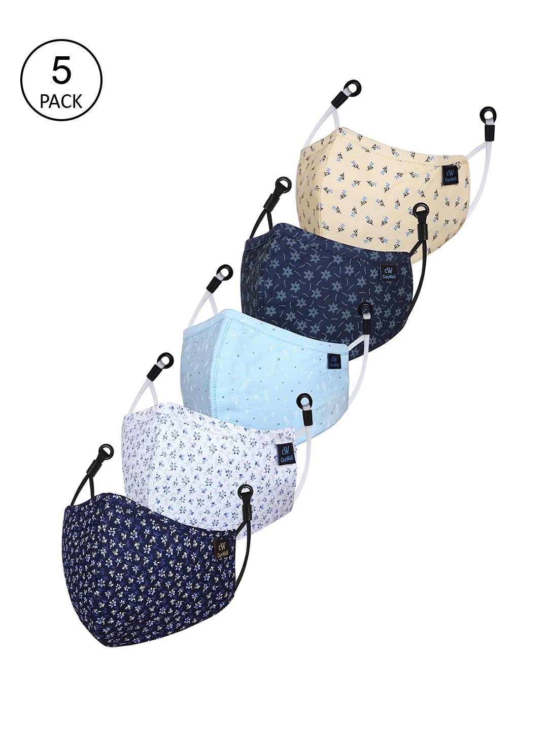 

CENWELL Unisex Pack Of 5 Blue Printed 6-Ply Reusable Pure Cotton 3D Cloth Mask
