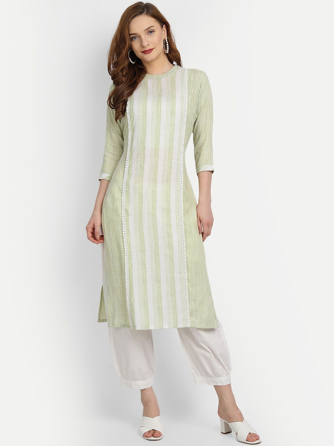 

HK colours of fashion Women Lime Green Striped Thread Work Kurta