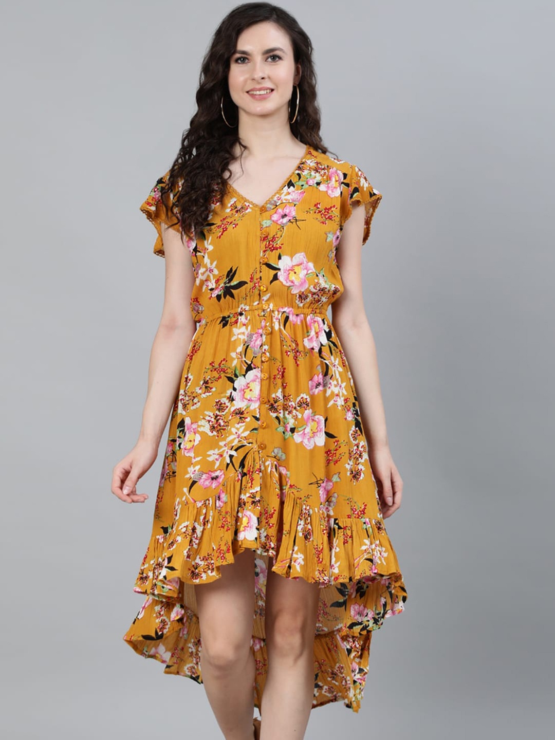 

Ishin Mustard Yellow Floral Georgette Midi Dress