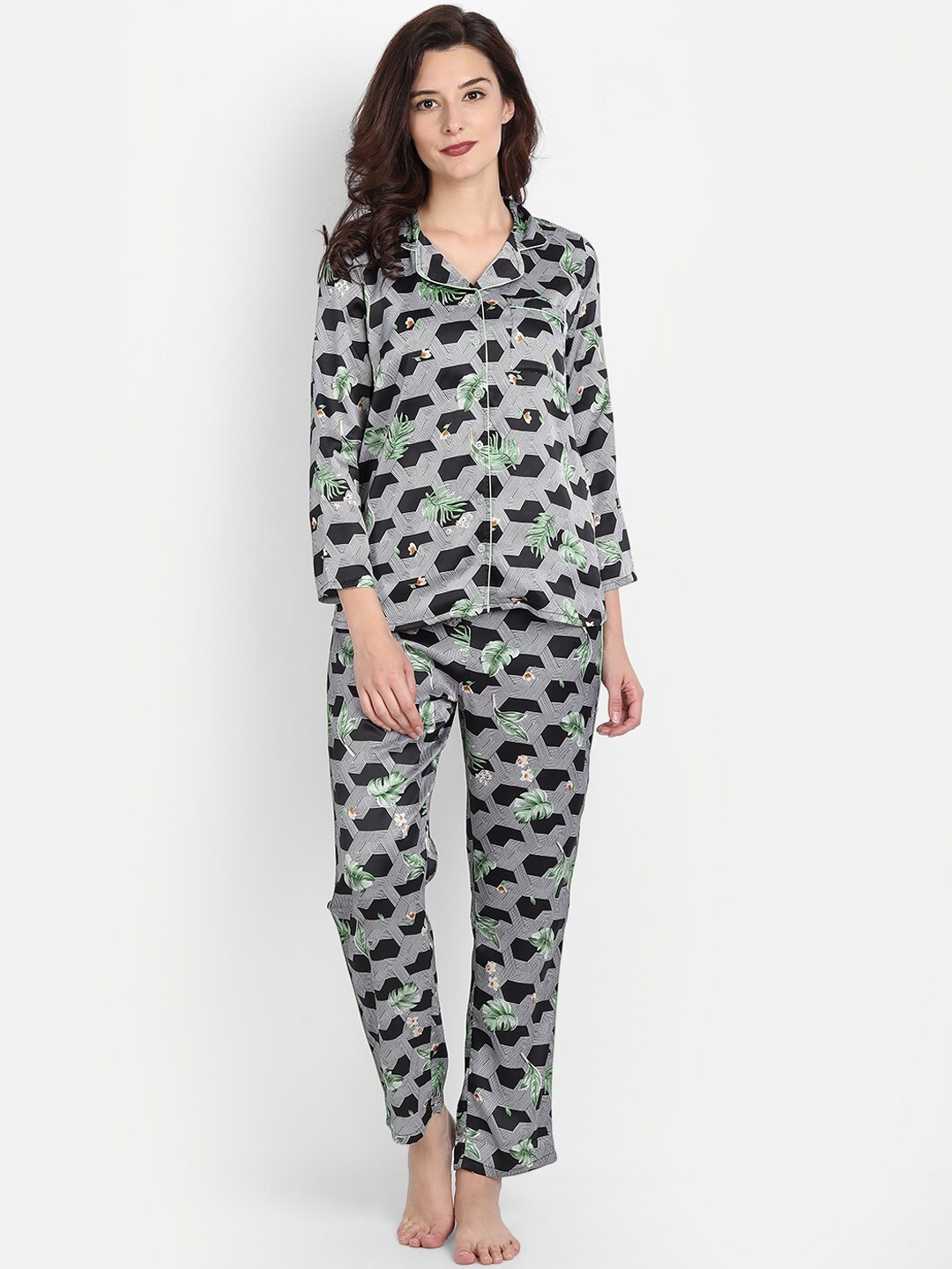 

IX IMPRESSION Women Black & White Printed Night suit