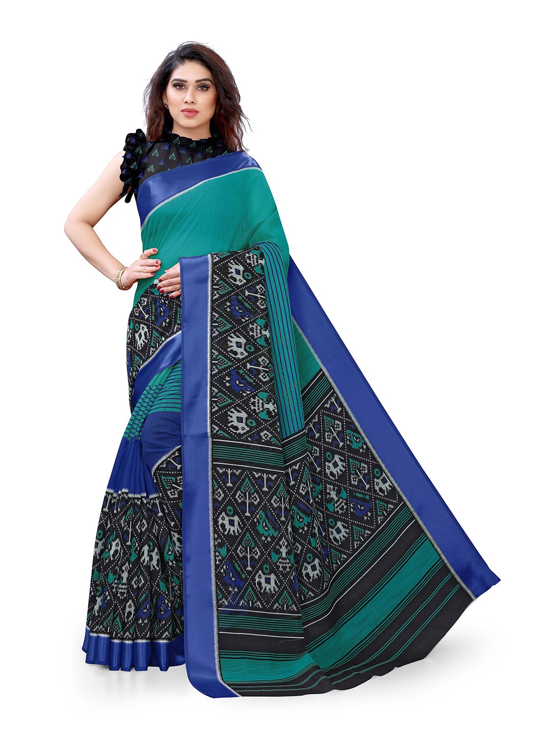 

KALINI Women Teal & Black Printed Cotton Saree