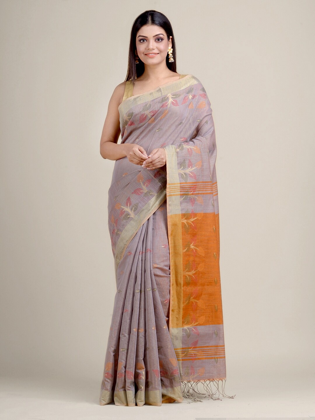 

Charukriti Mauve & Orange Woven Design Handloom Cotton Blend Saree