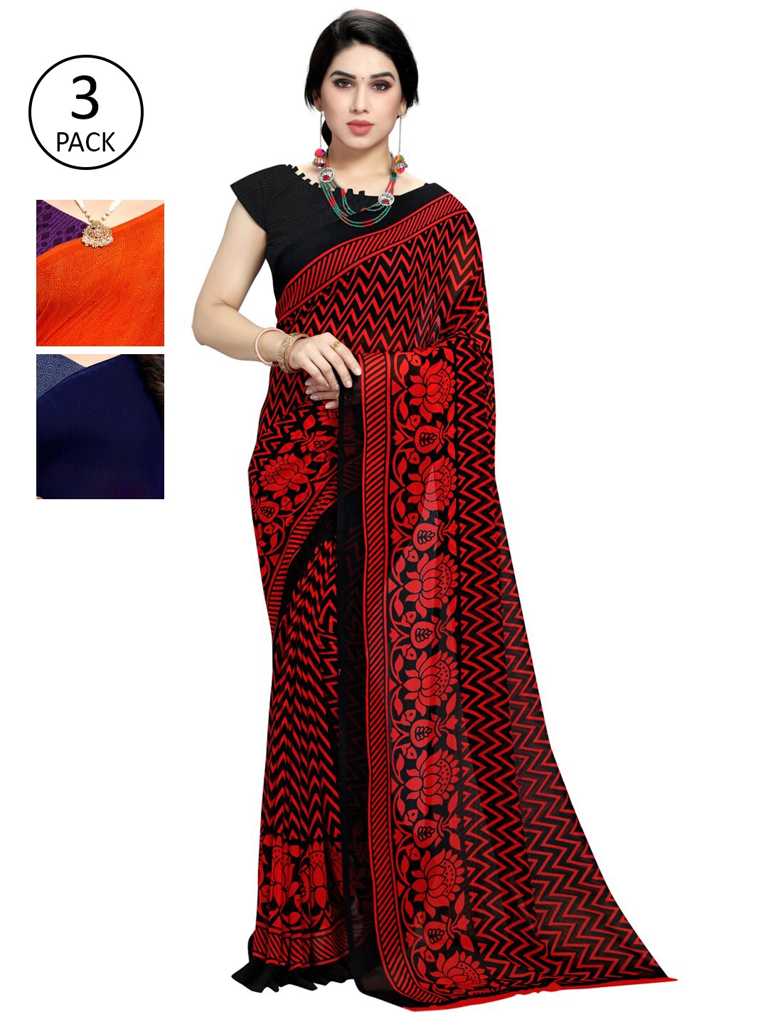 

KALINI Pack of 3 Orange & Navy Blue Poly Georgette Sarees
