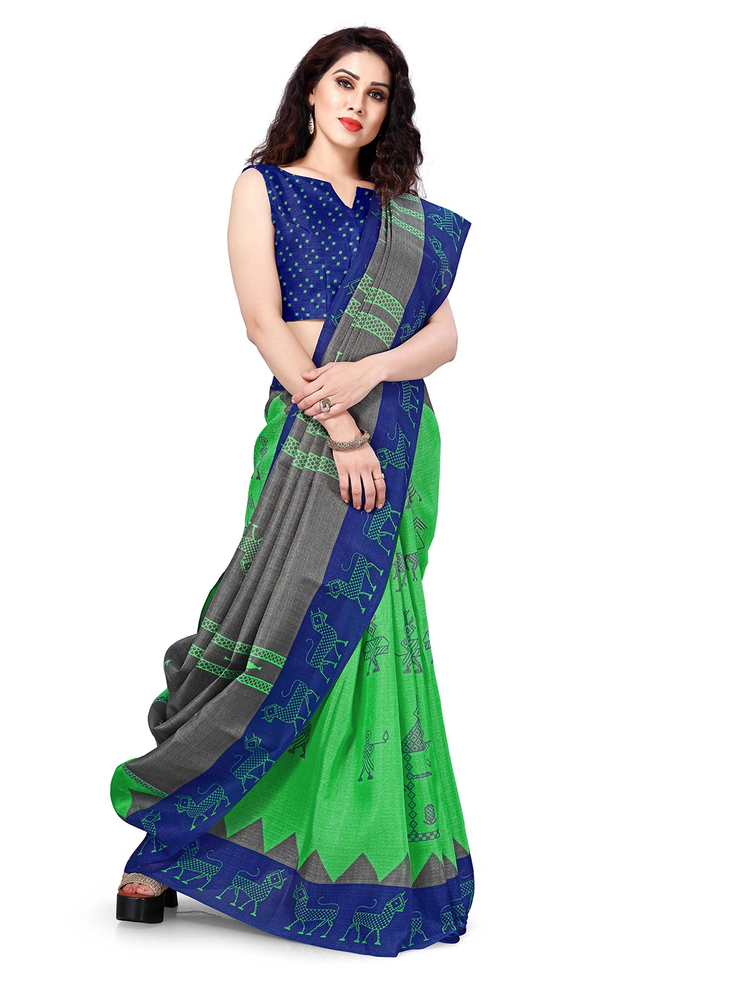 

KALINI Green & Grey Art Silk Abstract Print Saree
