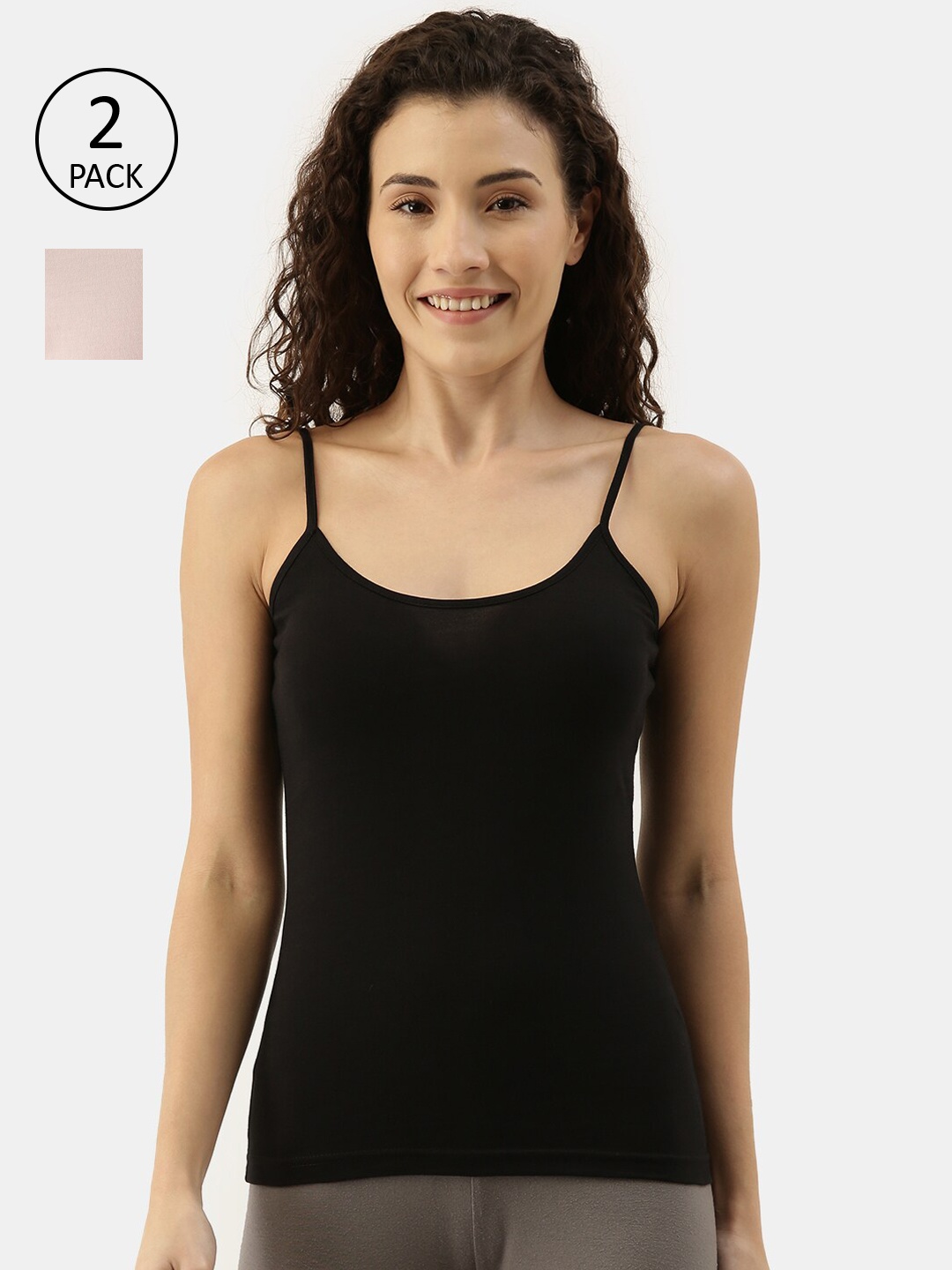 

appulse Women Pack Of 2 Solid Cotton Camisoles, Black