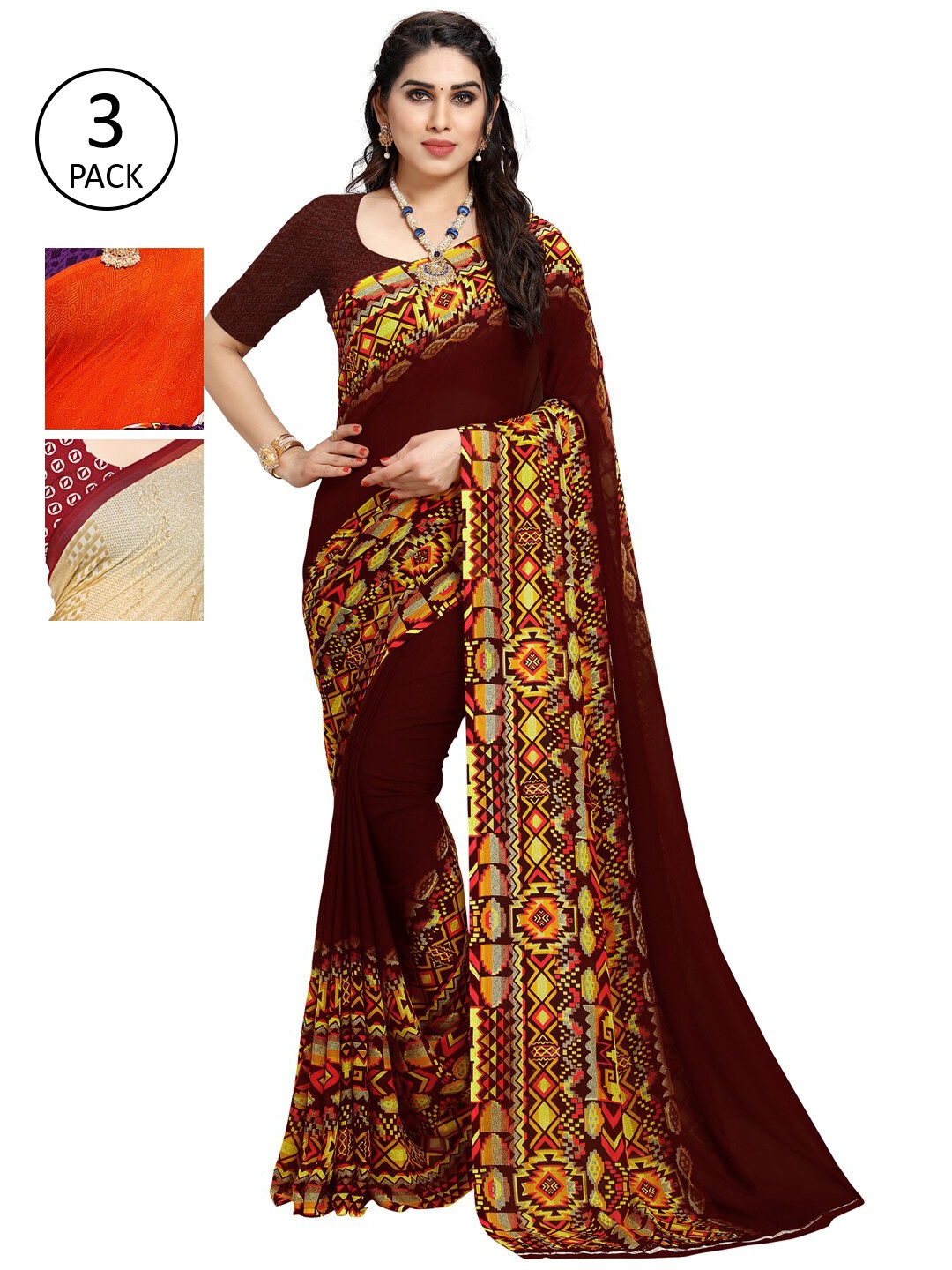

KALINI Pack of 3 Printed Poly Georgette Sarees, Maroon