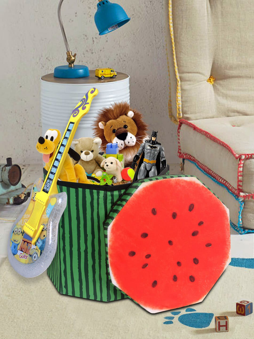 

prettykrafts Red & Green Watermelon Printed Stool With Storage