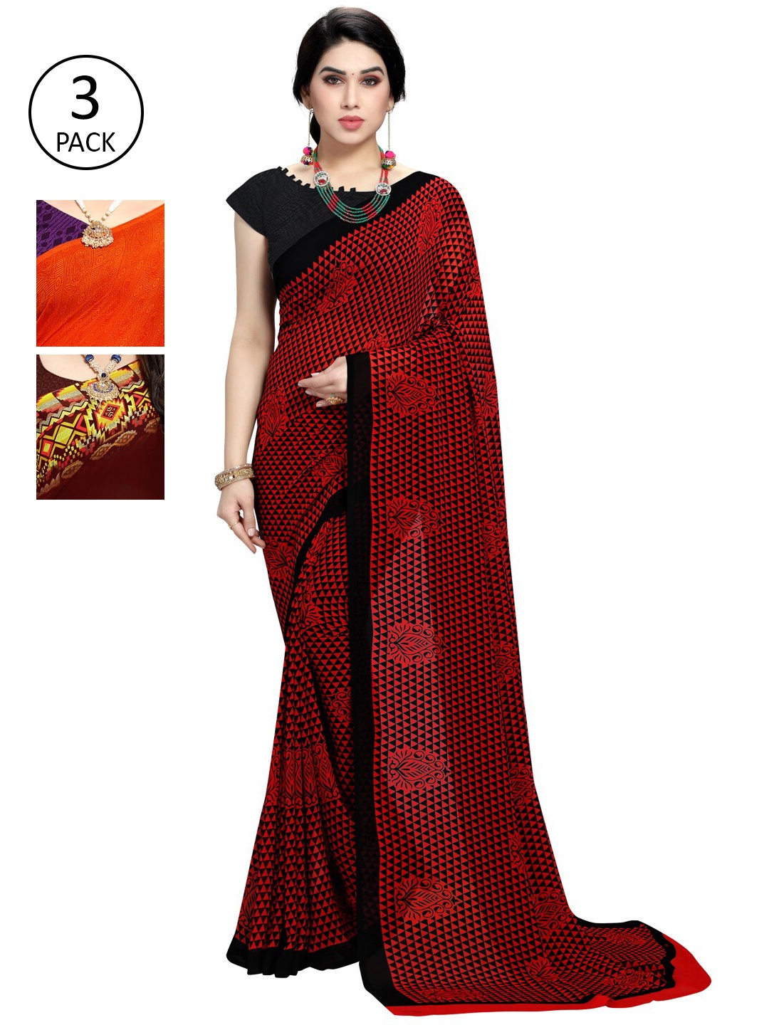 KALINI Pack of 3 Red & Black Saree