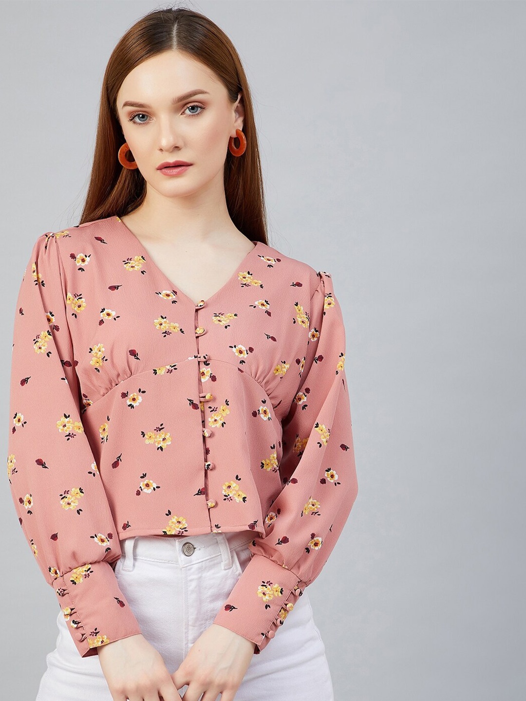 

Carlton London Peach-Coloured Floral Crepe Regular Crop Top