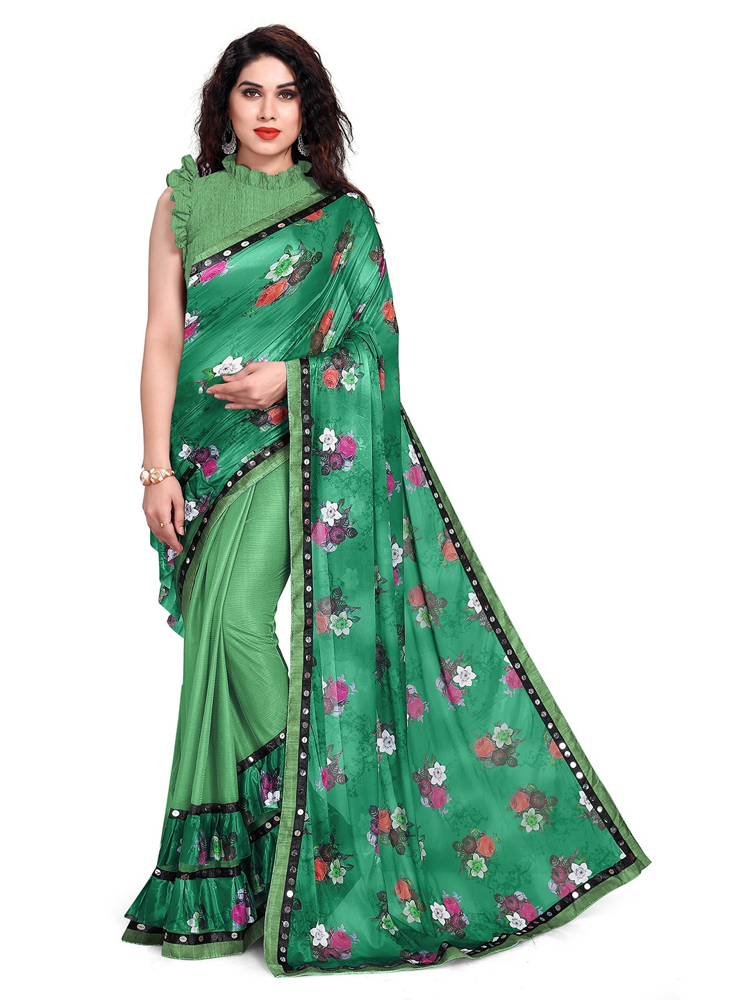 

KALINI Women Green Floral Printed Mirror Work Saree