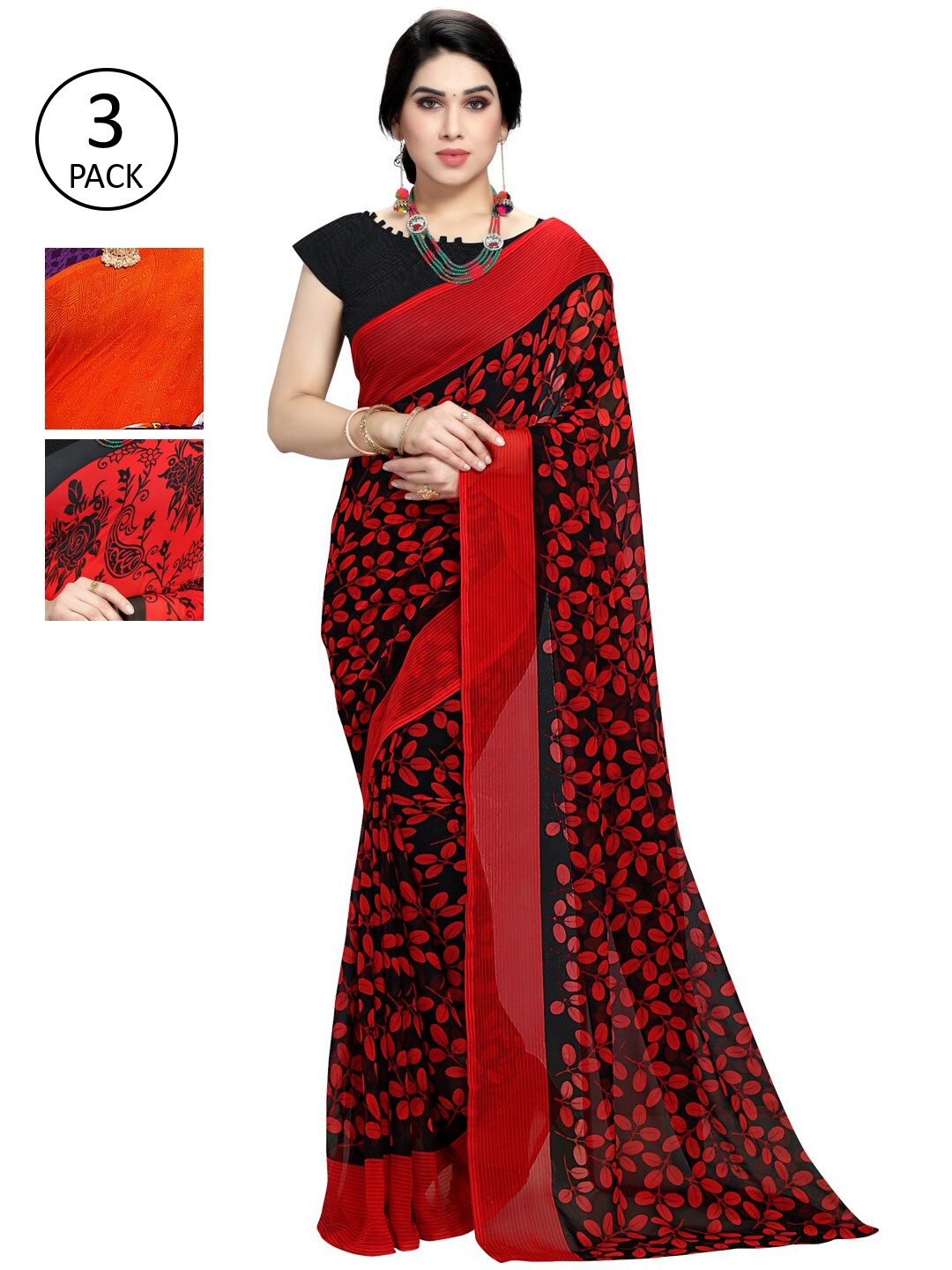 

KALINI Multicoloured Set of 3 Poly Georgette Saree, Multi