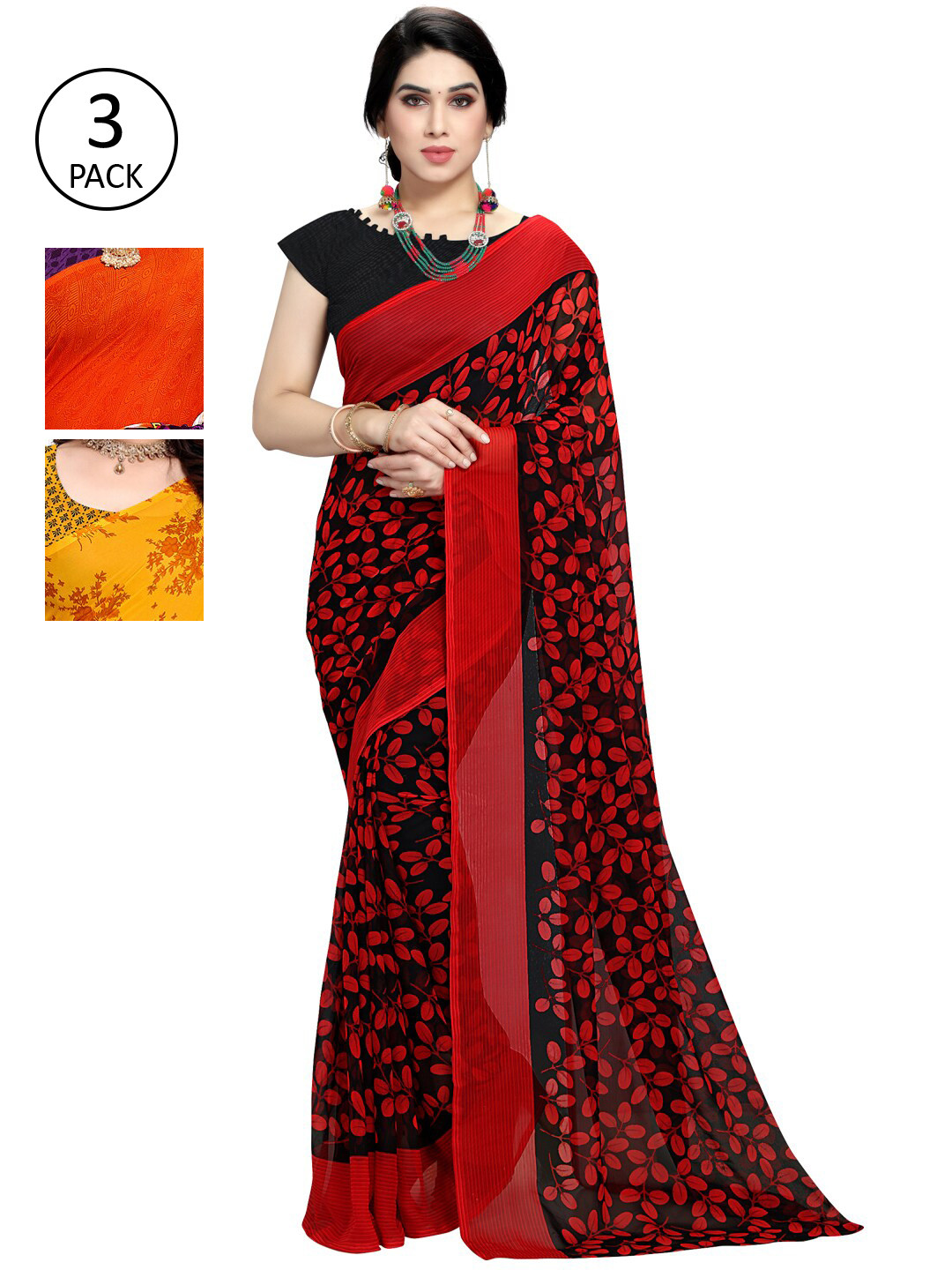 

KALINI Pack of 3 Printed Poly Georgette Sarees, Multi