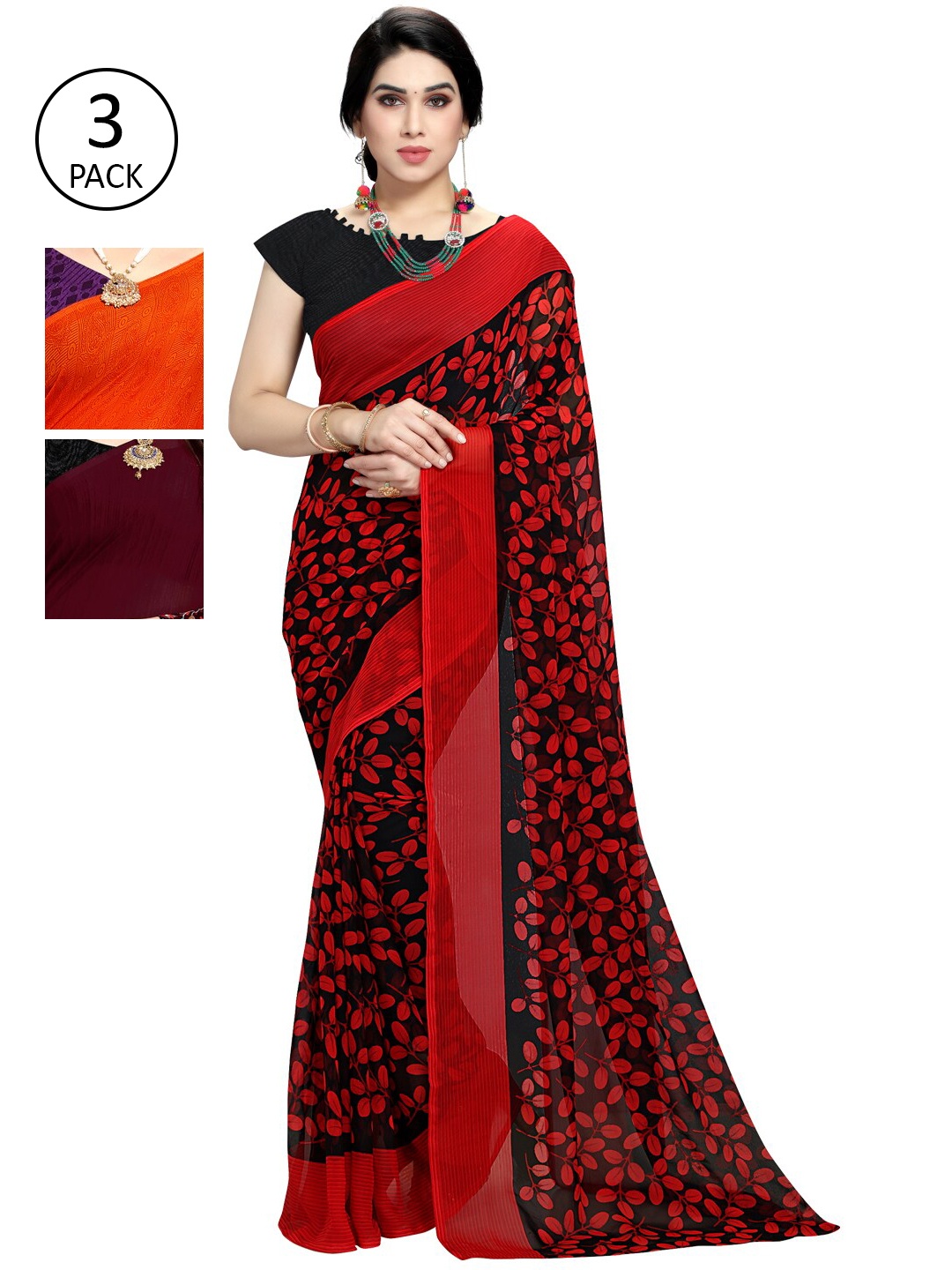 

KALINI Pack of 3 Orange & Red Floral Saree