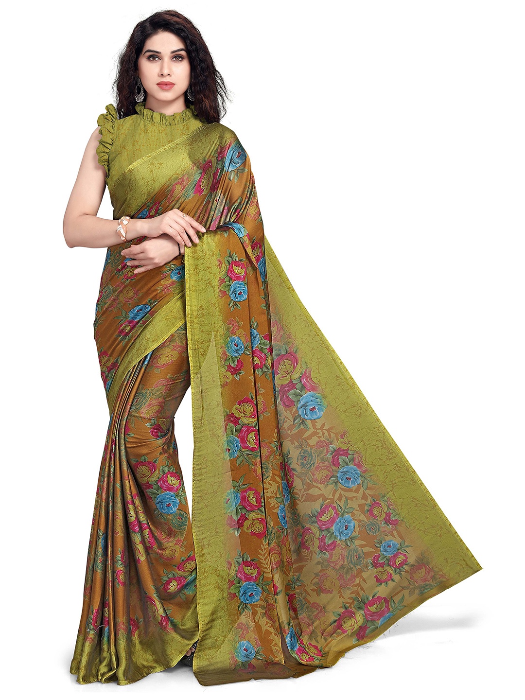 

KALINI Mustard & Multi colour Polychiffon Floral Print Saree