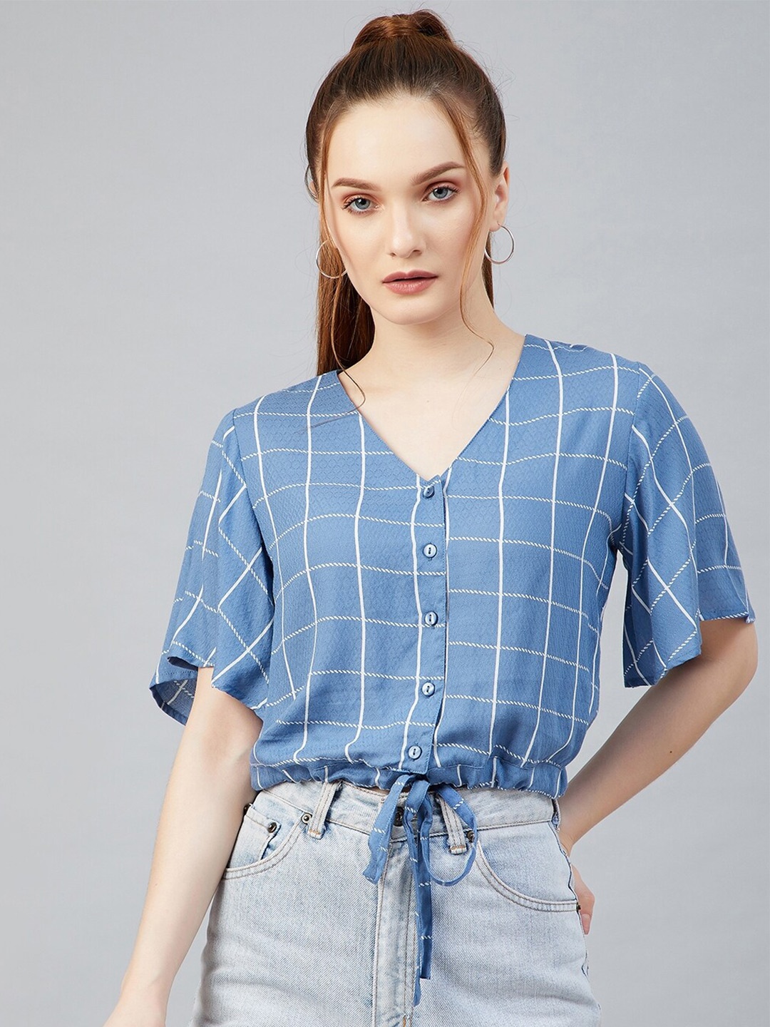 

Carlton London Blue Checked Flared Sleeve Cinched Waist Crop Top