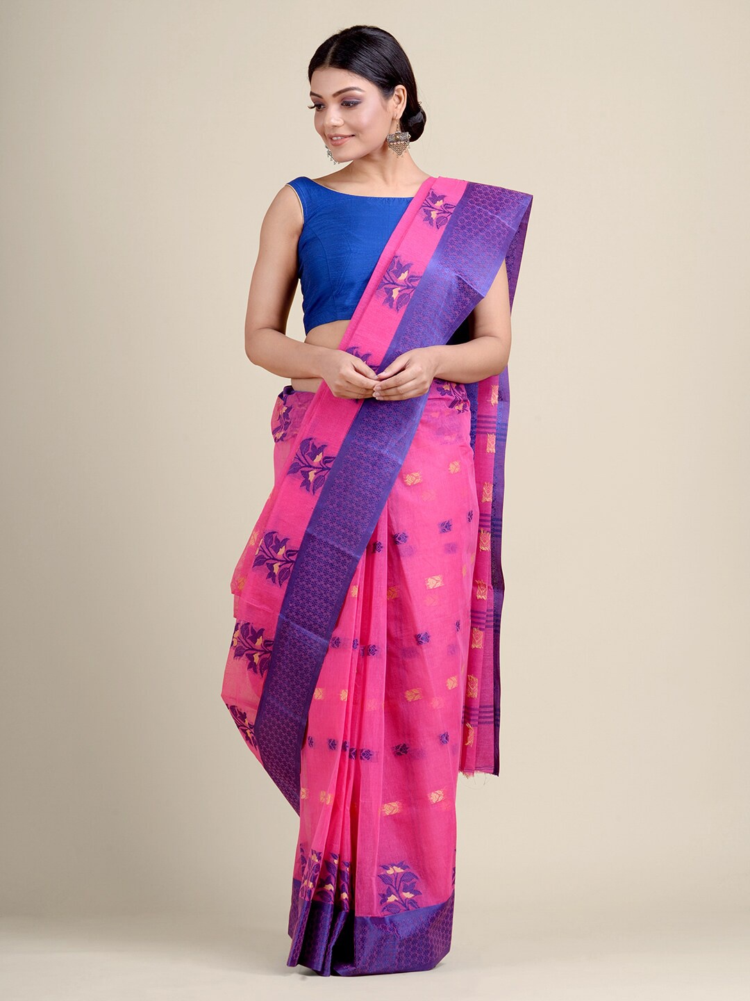 

Charukriti Pink & Blue Ethnic Motifs Handloom Pure Cotton Taant Saree