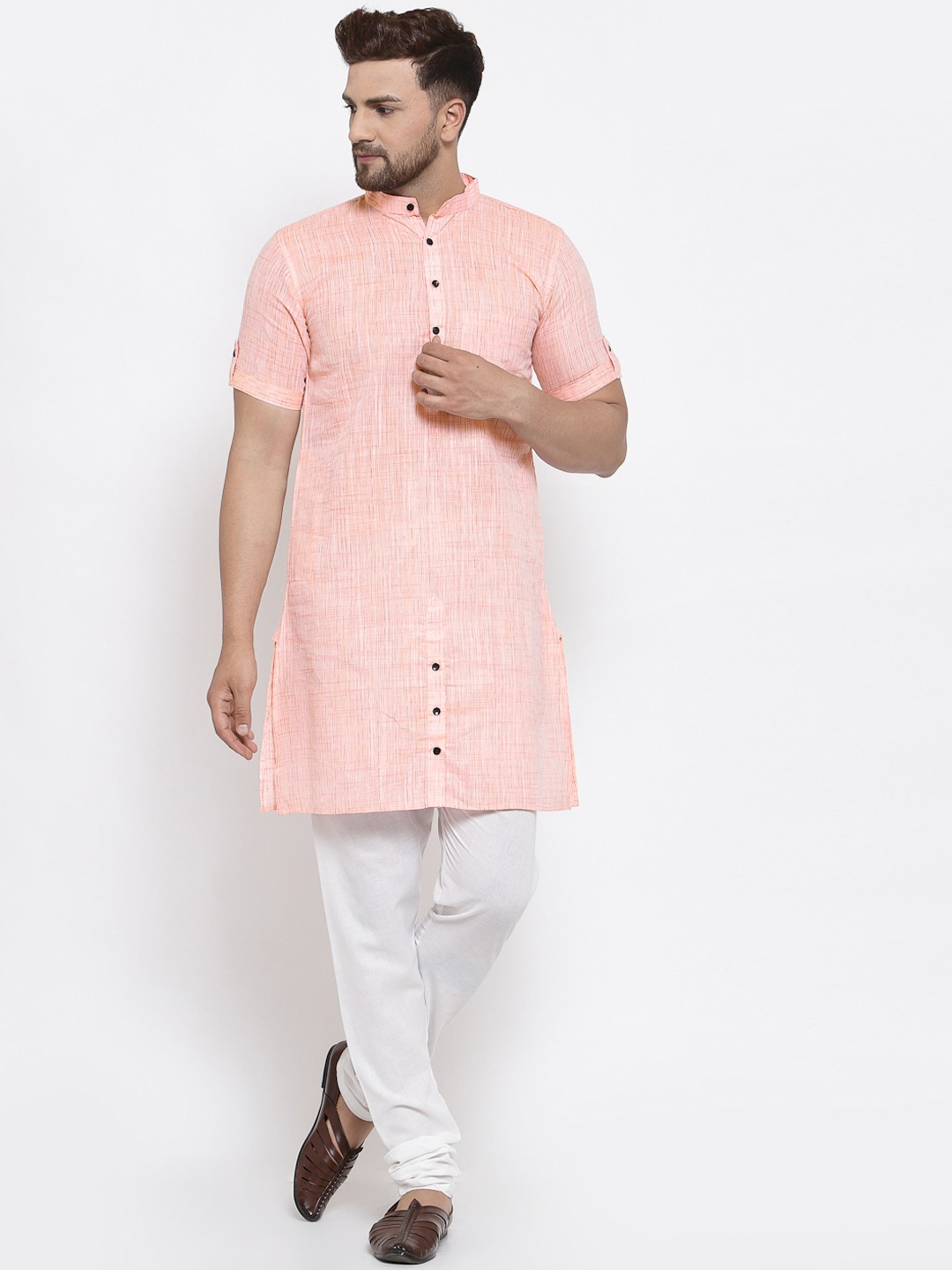 

KLOTTHE Men Peach-Coloured Woven Design Straight Kurta