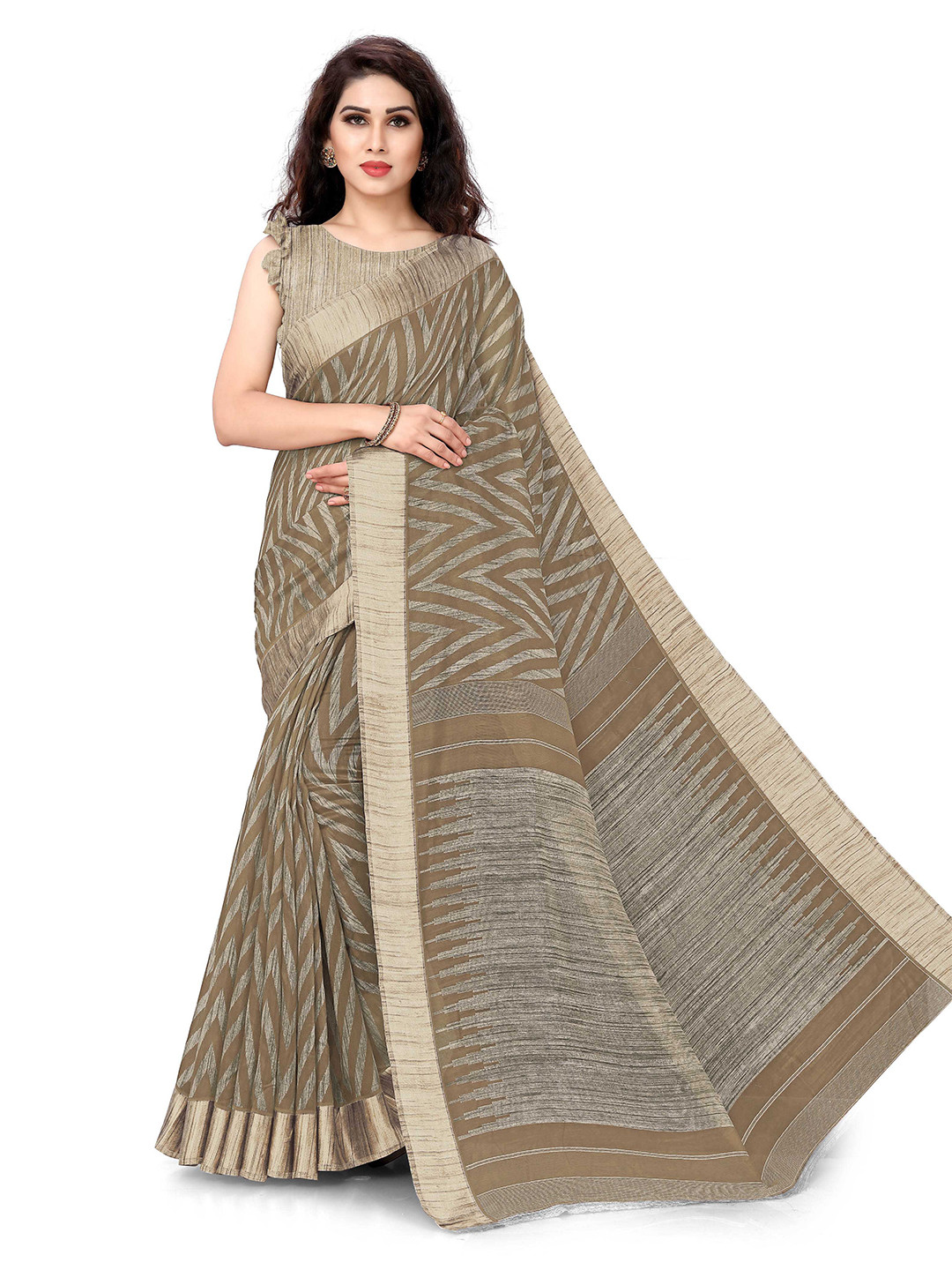 

KALINI Beige & Brown Leheriya Printed Polycotton Saree