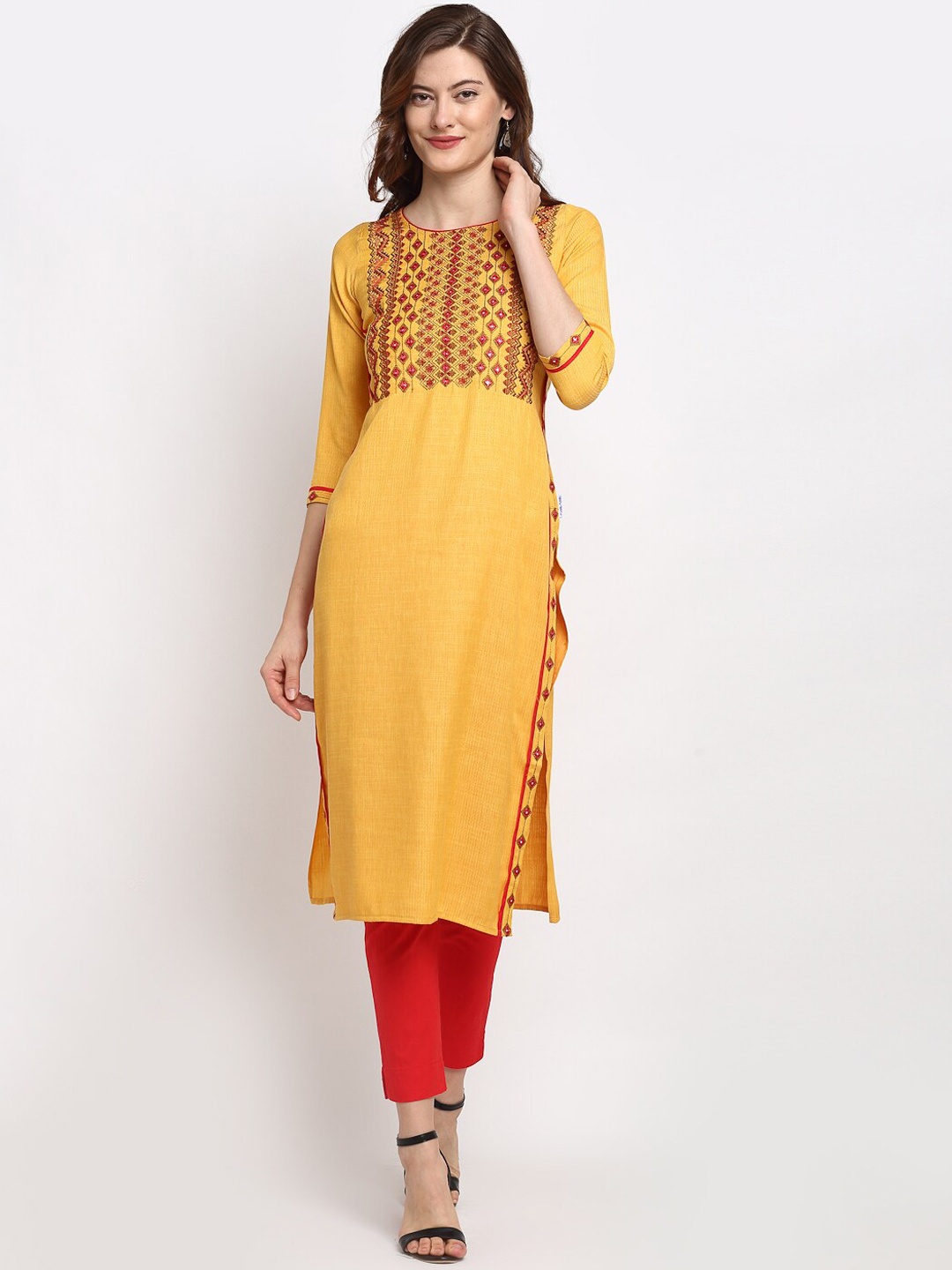 

Lovely Lady Women Mustard Yellow & Red Geometric Embroidered Thread Work Kurta