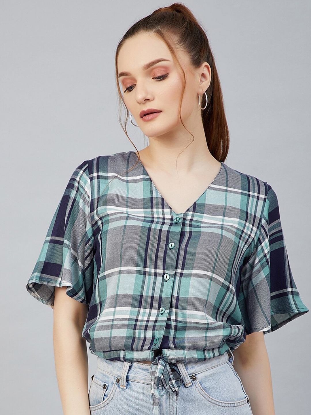 

Marie Claire Green Checked Flared Sleeve Regular Top