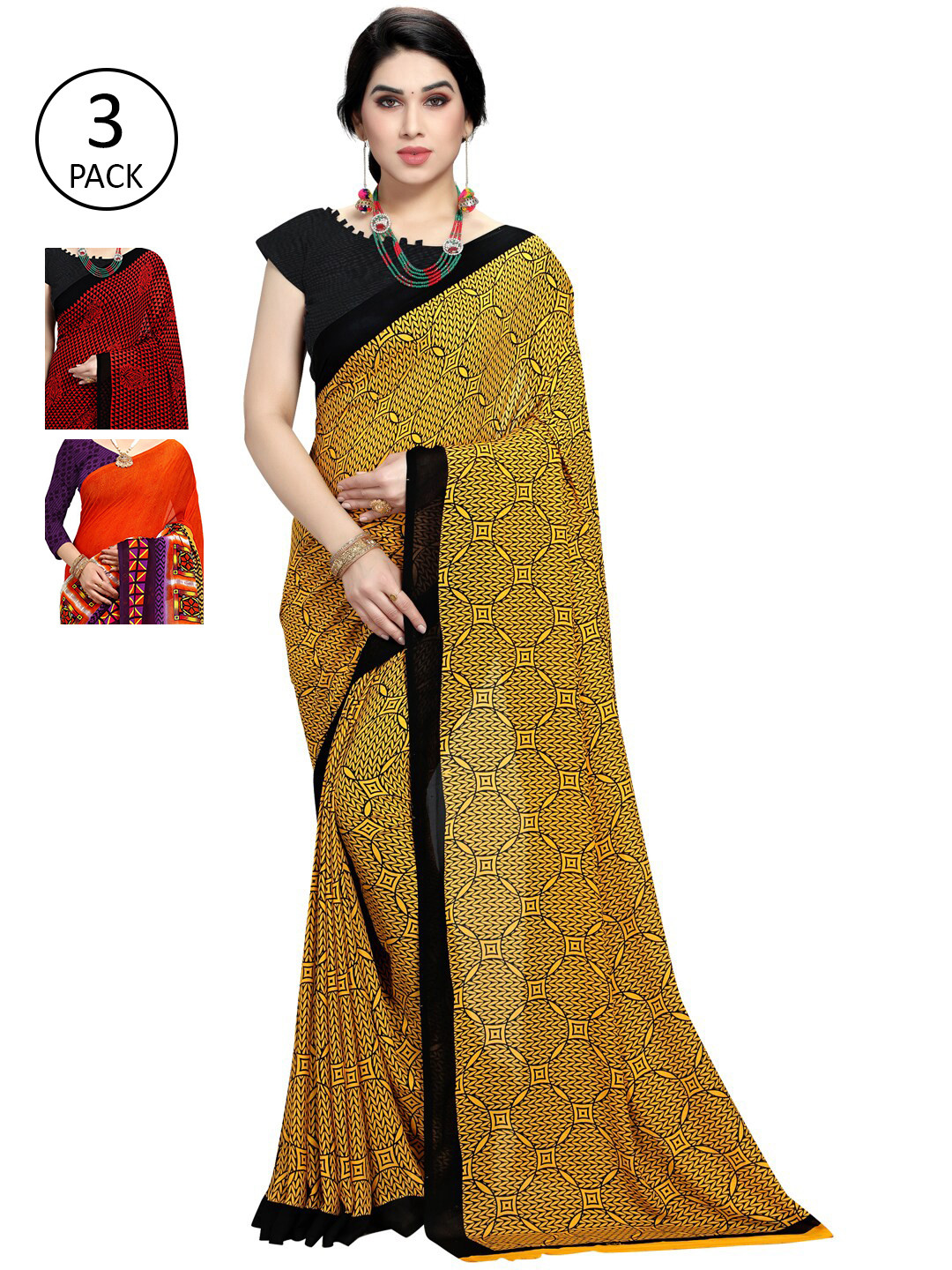 

KALINI Pack of 3 Yellow & Orange Saree