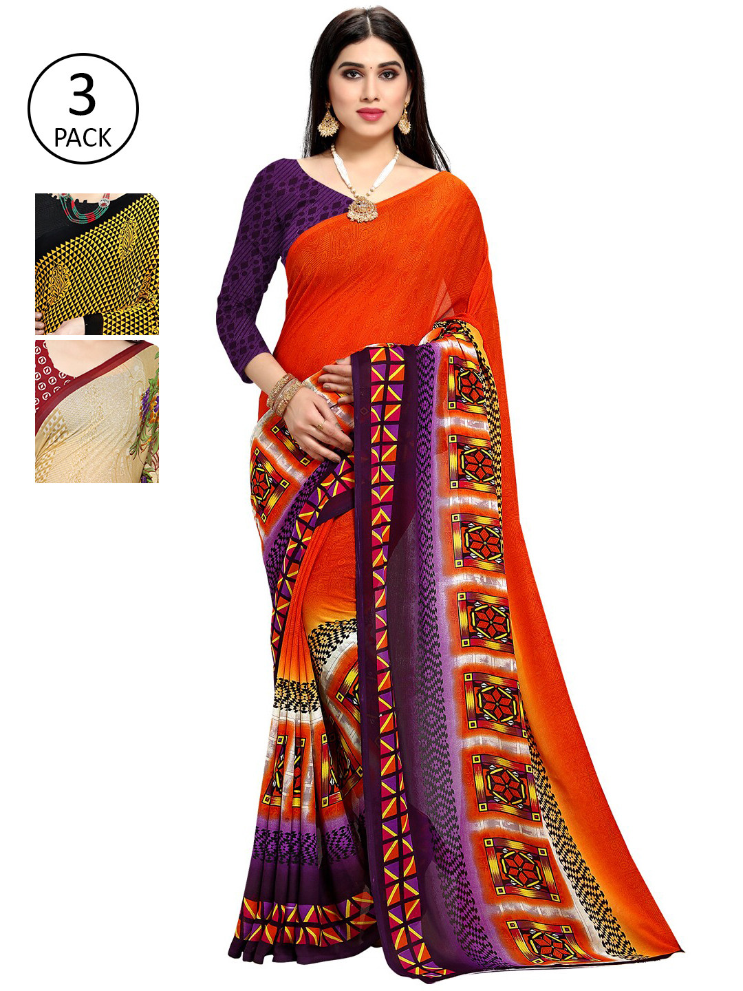 

KALINI Pack of 3 Orange & Beige Poly Georgette Sarees
