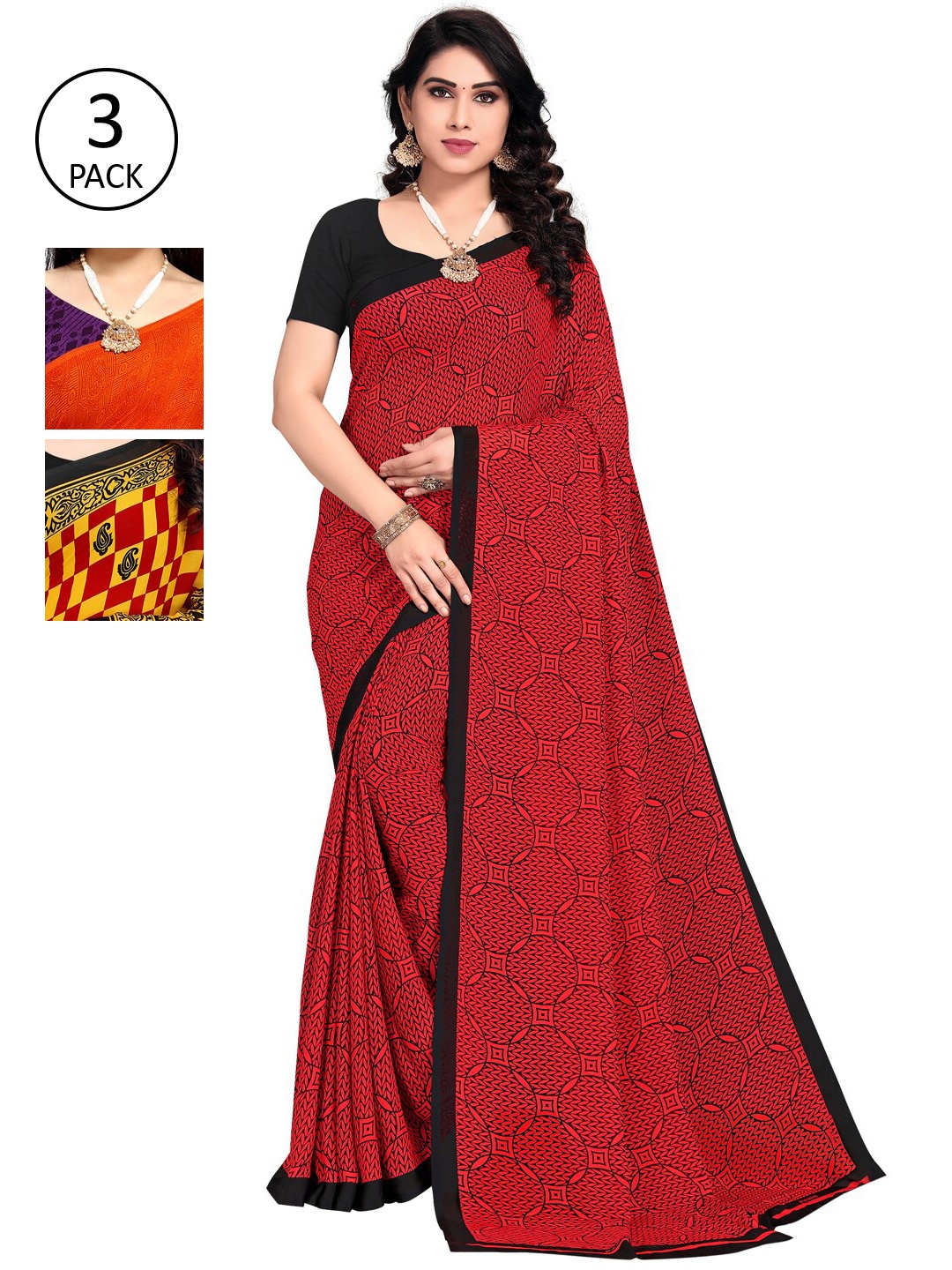 

KALINI Pack of 3 Orange & Red Poly Georgette Floral Saree