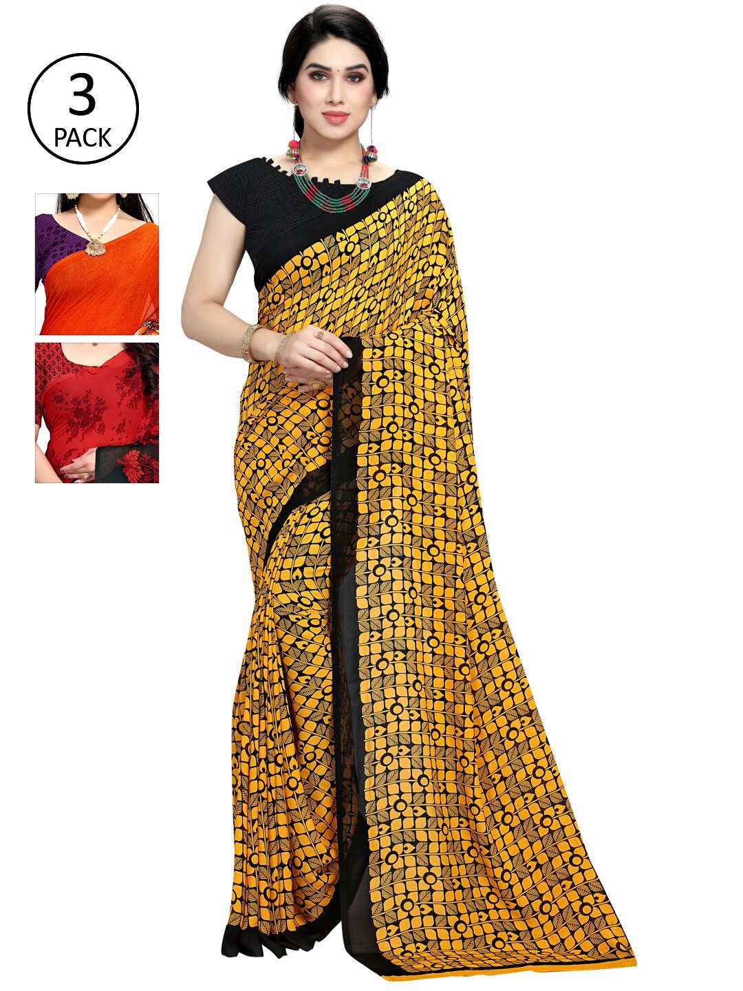 

KALINI Multicoloured Set of 3 Poly Georgette Saree, Multi