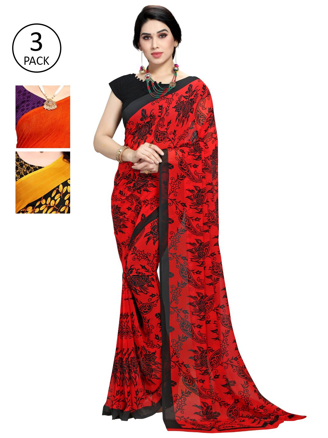 

KALINI Pack of 3 Poly Georgette Sarees, Orange