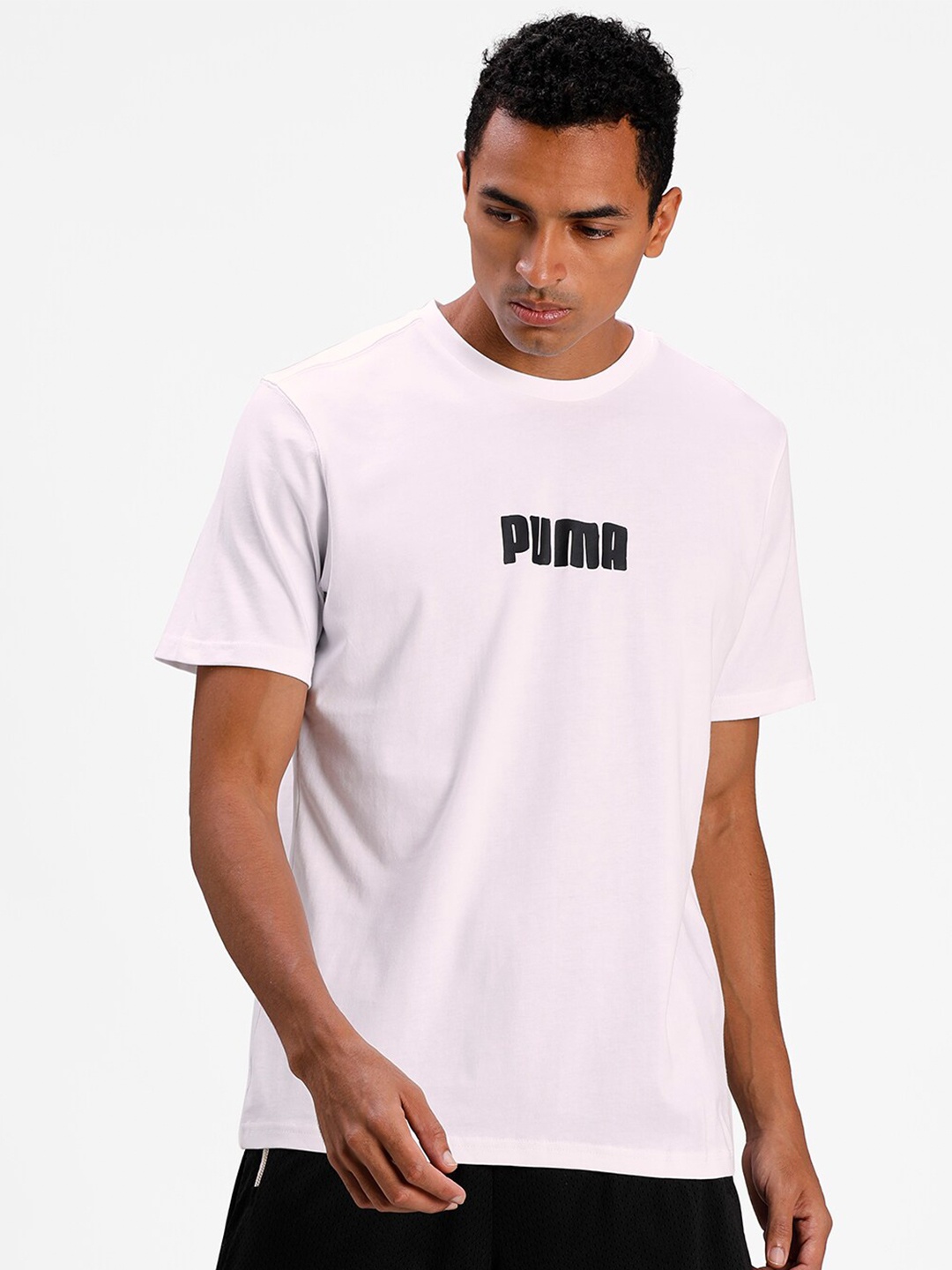 

Puma Men White Black Brand Logo Printed Pure Cotton T-shirt